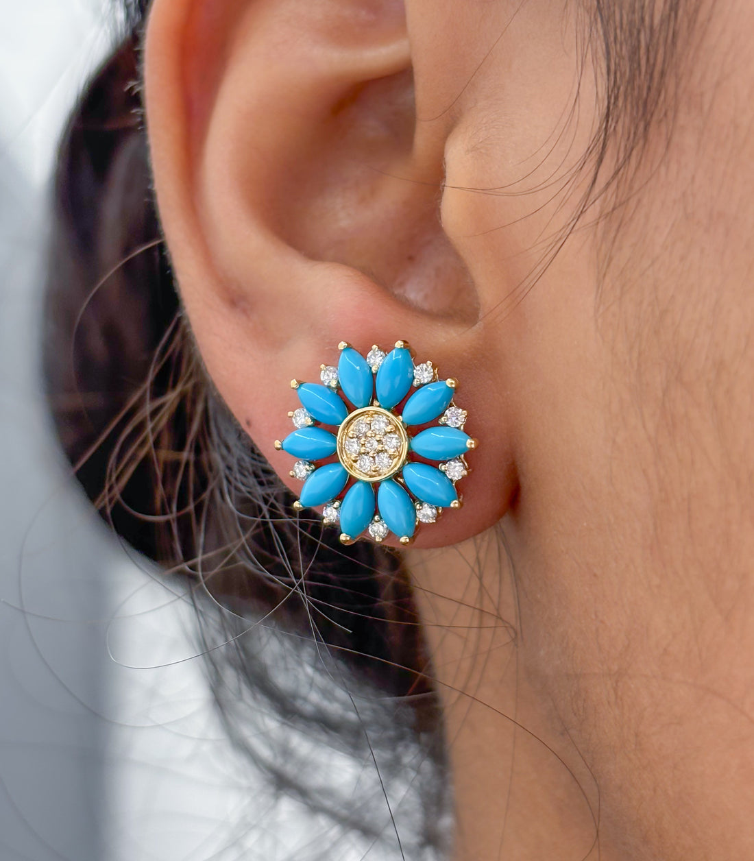 JPERG-2265/8044 Turquoise Marquise With Diamond Studs Earring | 18K