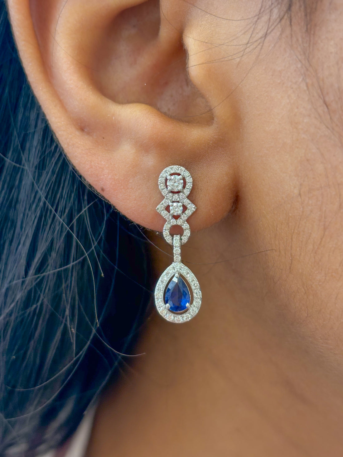 JPERG-2284/8085 Blue Sapphire Pear With Diamond Dangling Earring | 18K