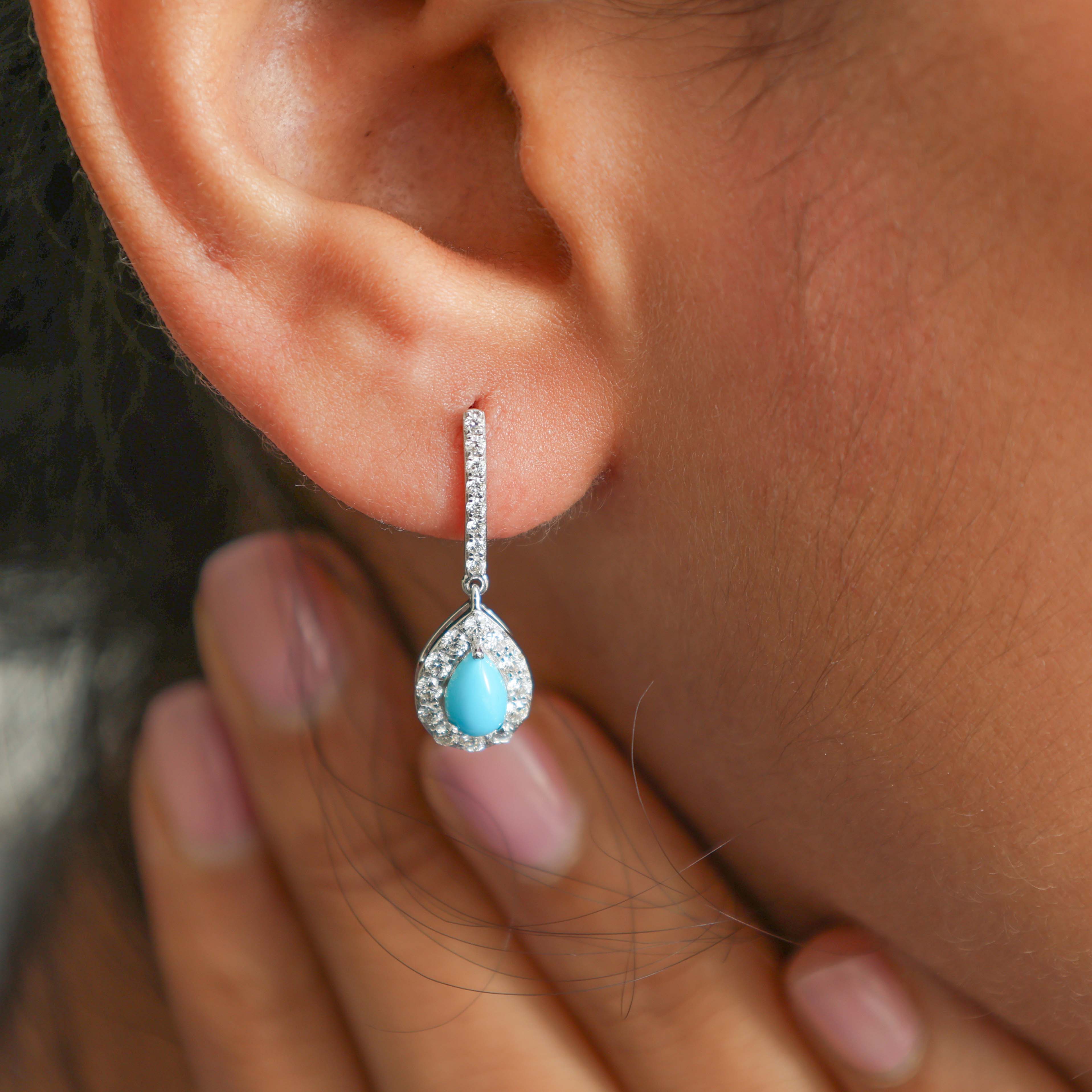 JPERG-2287/8088 Turquoise Pear With Diamond Dangling  Earring | 18K