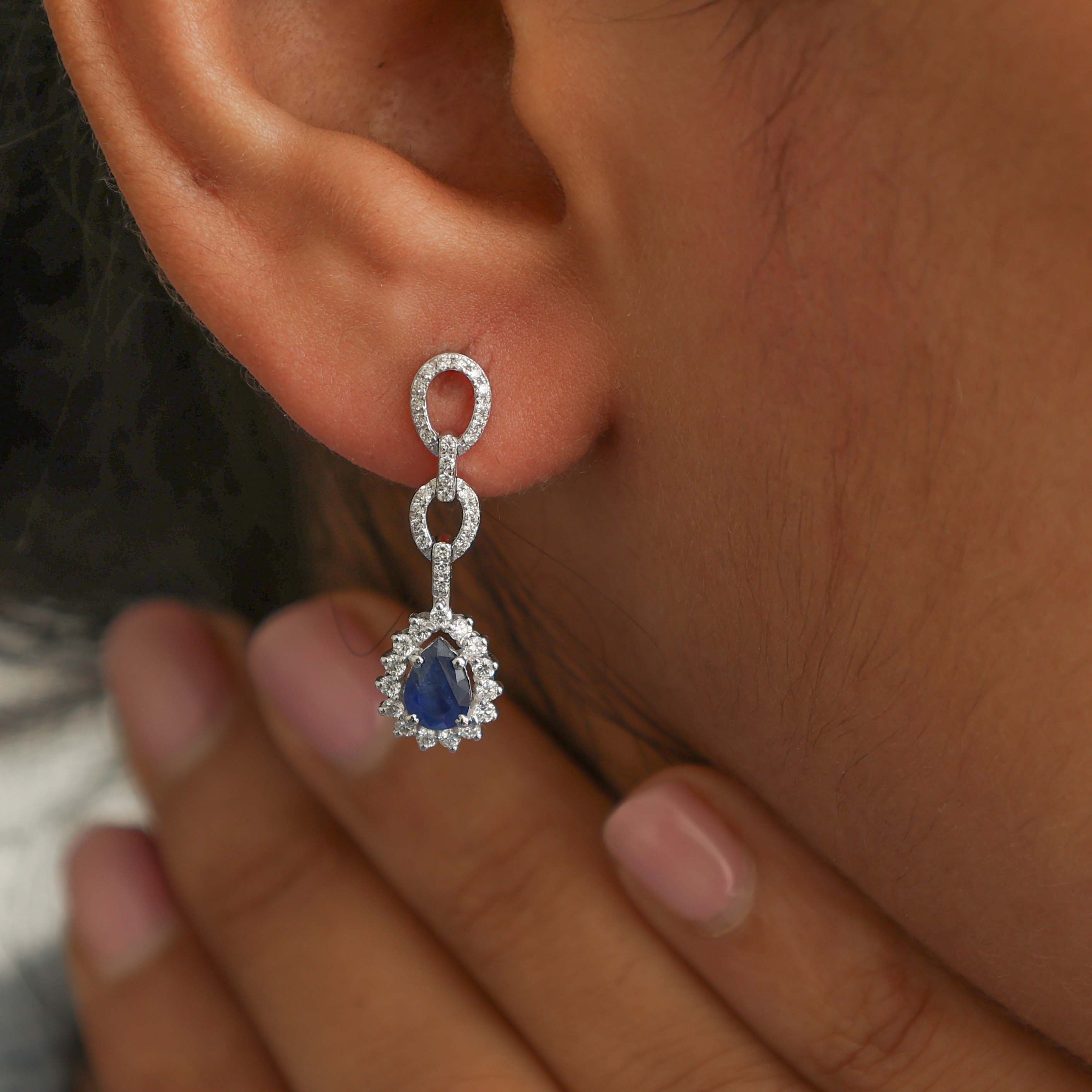 JPERG-2288/8090 Blue Sapphire Pear With Diamond Dangling Earring | 18K