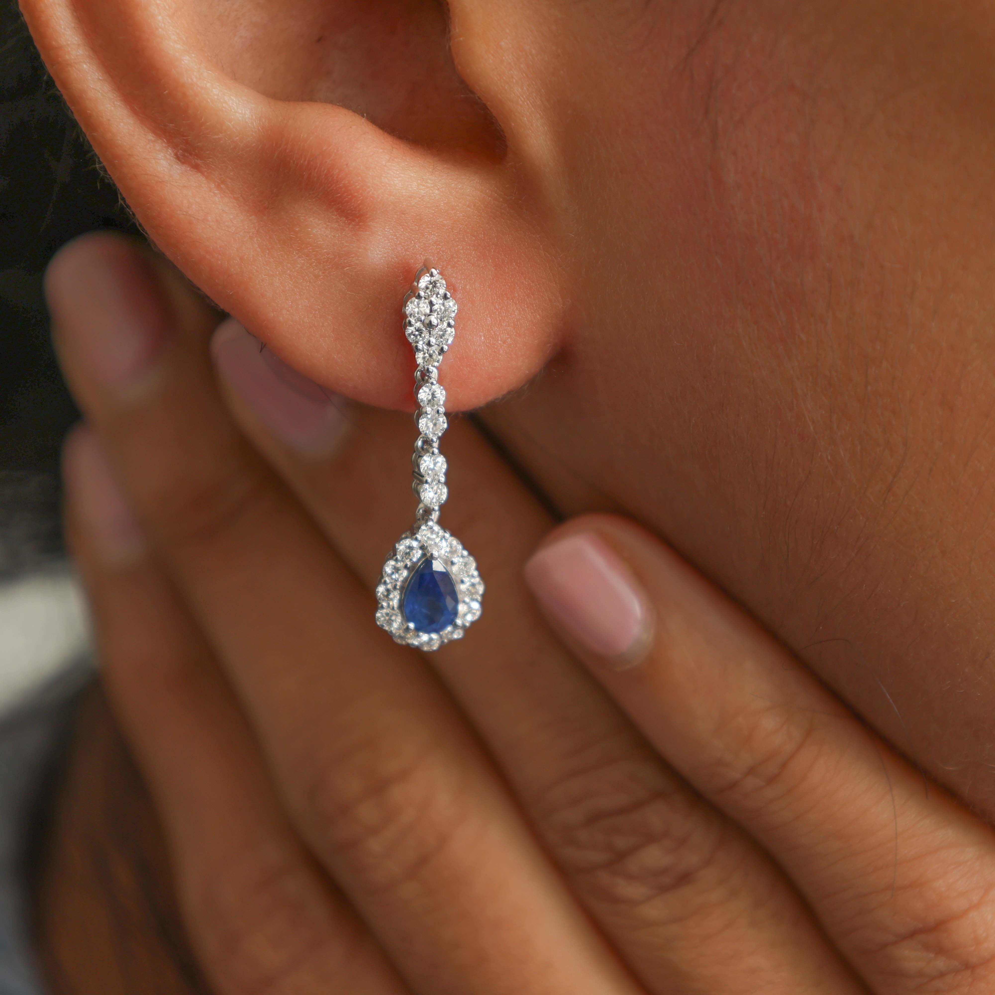 JPERG-2290/8092 Blue Sapphire Pear With Diamond Dangling Earring | 18K