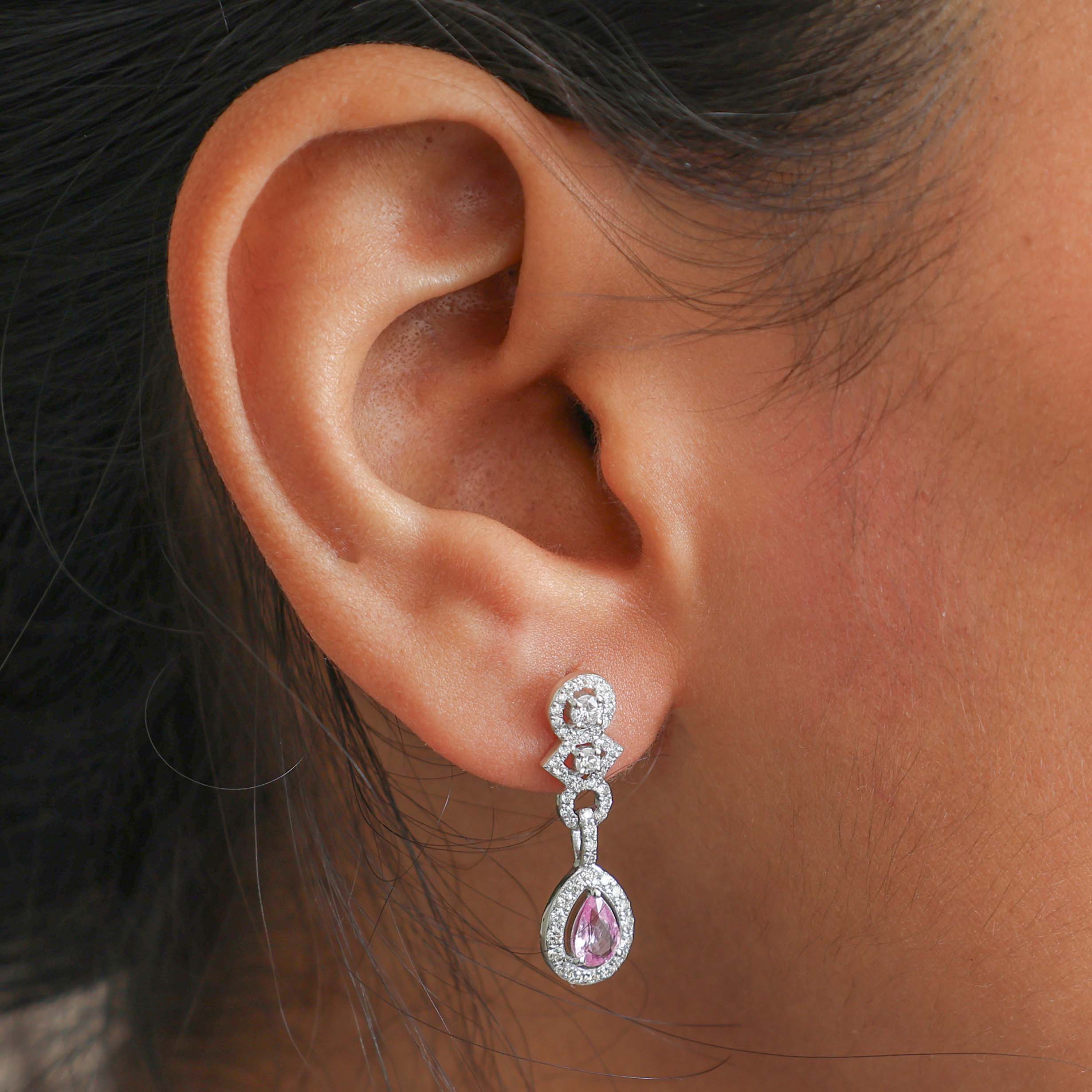 JPERG-2291/8093 Pink Sapphire Pear With Diamond Dangling Earring | 18K