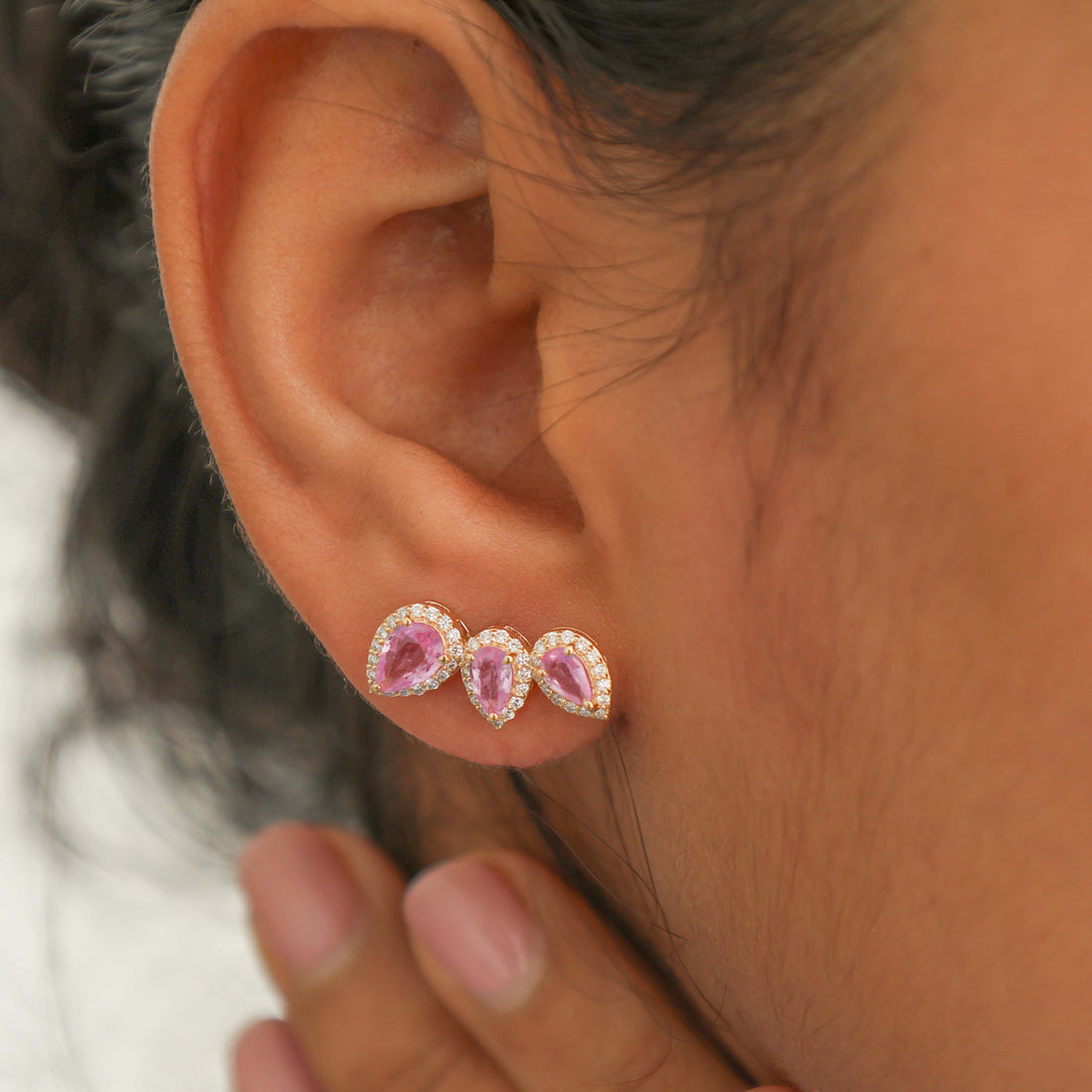 JPERG-2296/8108 Pink Sapphire Pear With Diamond Curve Studs Earring | 18K
