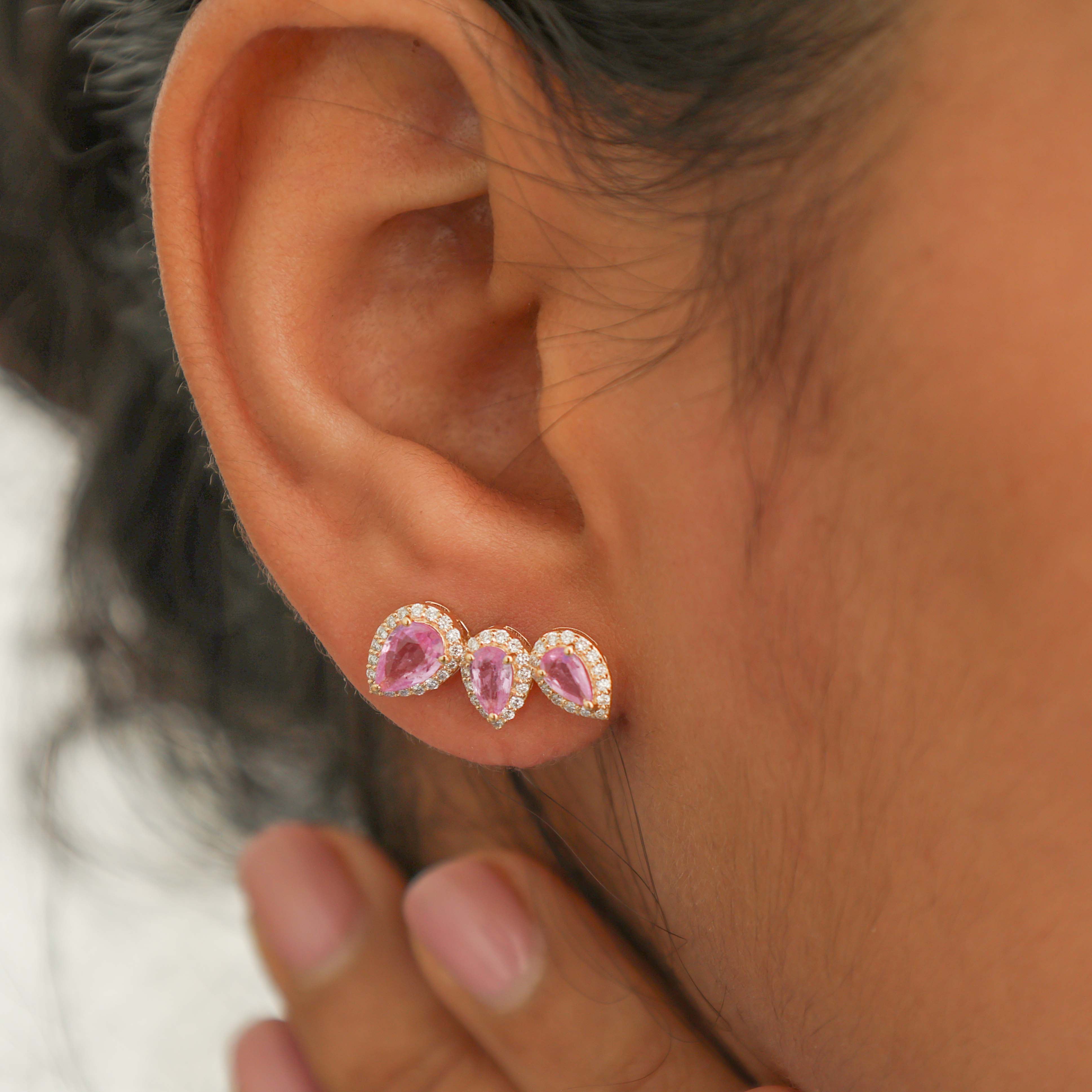 JPERG-2296/8108 Pink Sapphire Pear With Diamond Curve Studs Earring | 18K