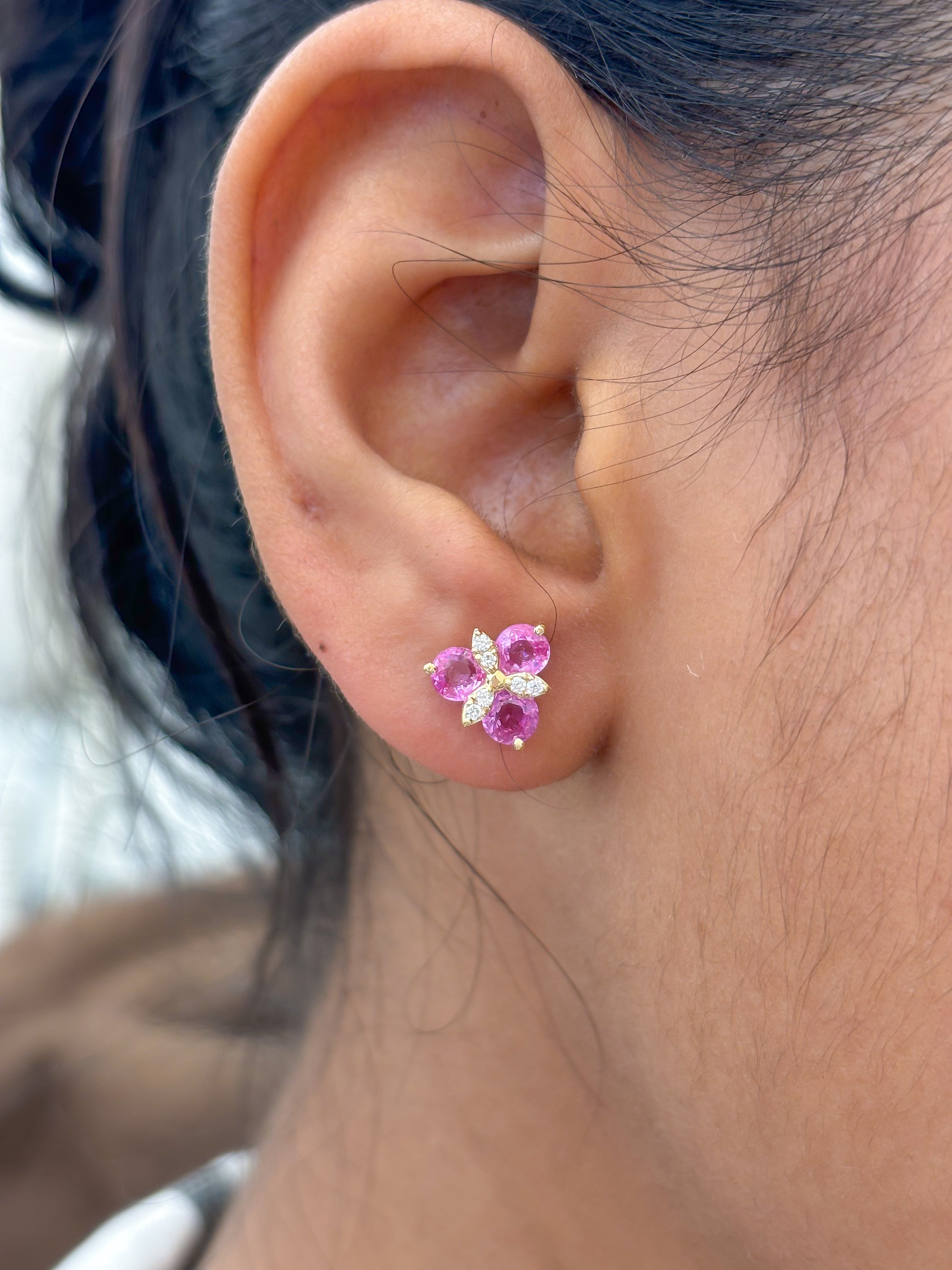 JPERG-2297/8125 Pink Sapphire Round With Diamond Studs Earring | 14K