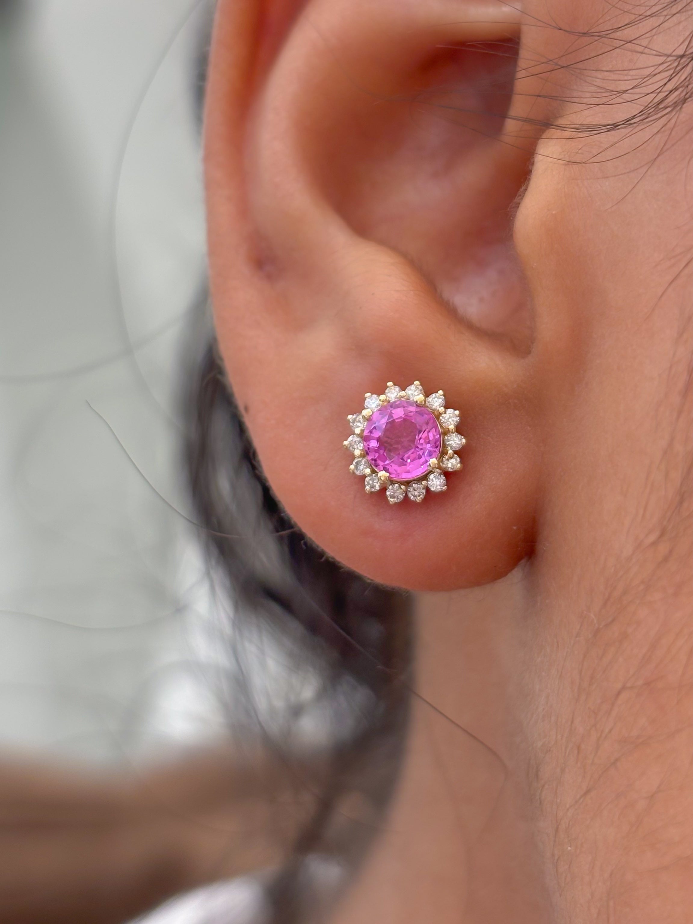 JPERG-2298/8126 Pink Sapphire Round With Diamond Studs Earring | 14K