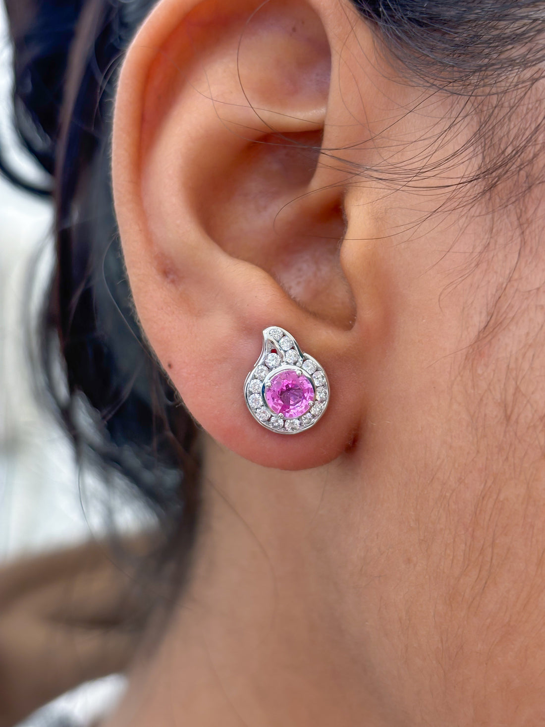 JPERG-2303/8131 Pink Sapphire Round With Diamond Studs Earring | 14K