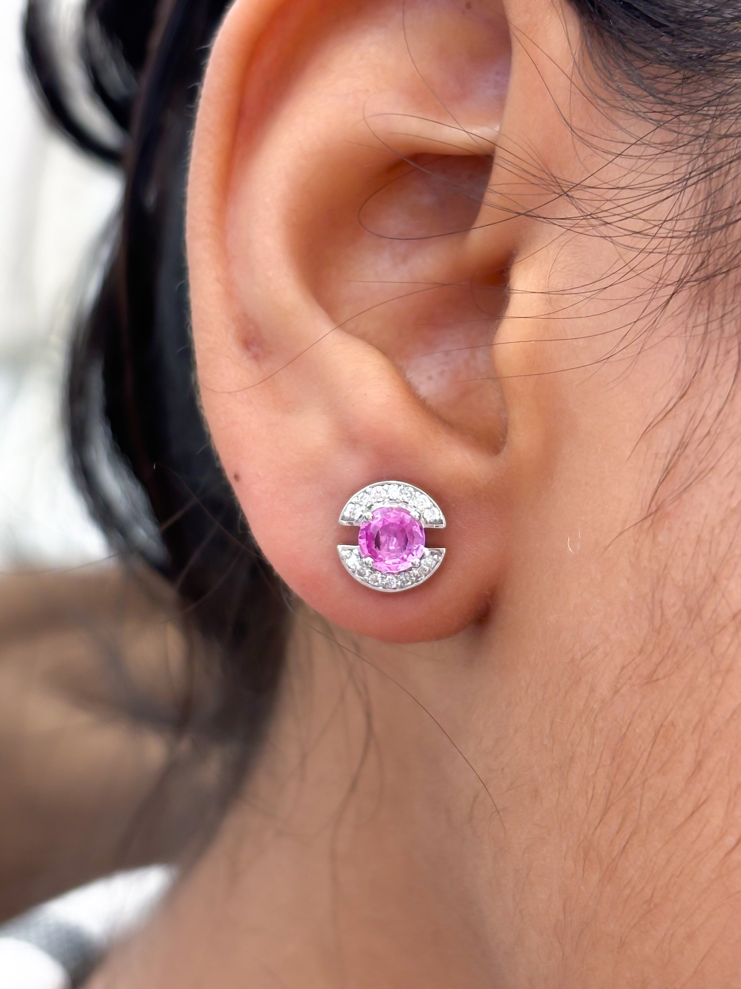 JPERG-2304/8132 Pink Sapphire Round With Diamond Studs Earring | 14K
