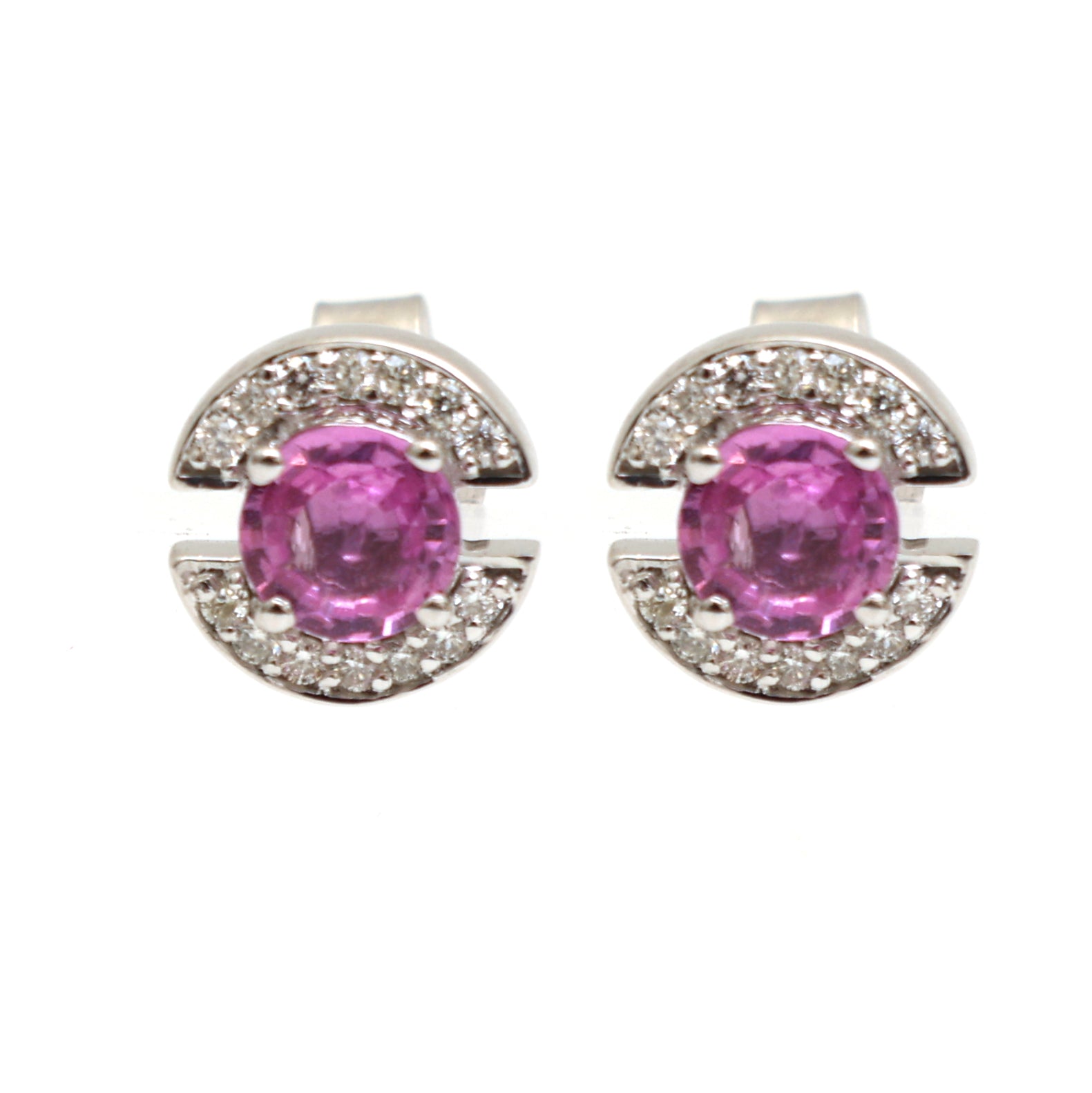 JPERG-2304/8132 Pink Sapphire Round With Diamond Studs Earring | 14K
