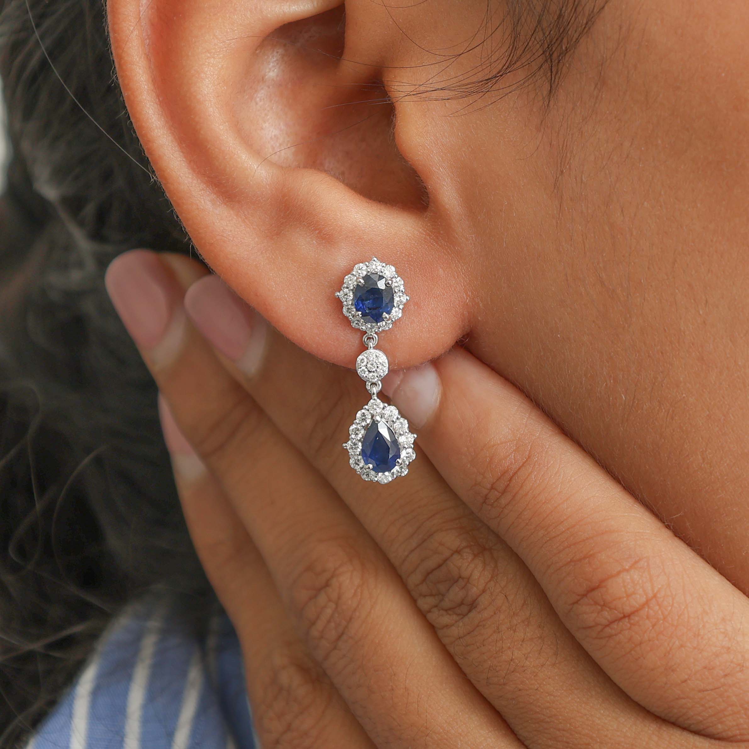 JPERG-2319/8235 Blue Sapphire Pear With Diamond Dangling Earring | 18K