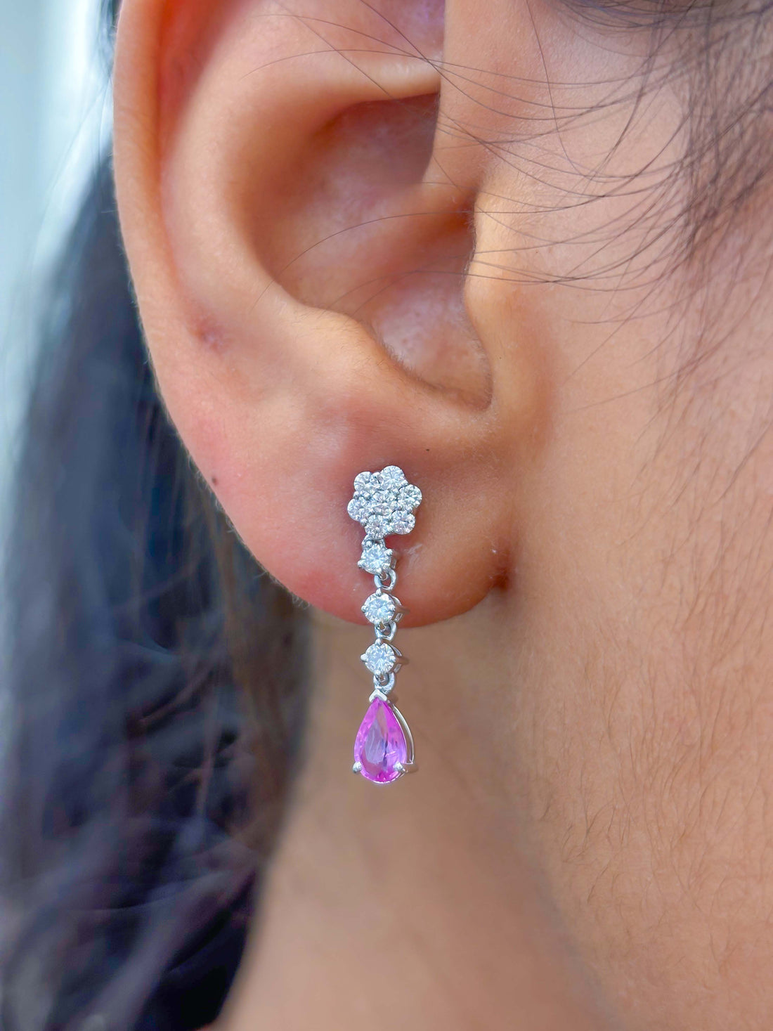 JPERG-2323/8268 Pink Sapphire Pear With Diamond Dangling Earring | 18K