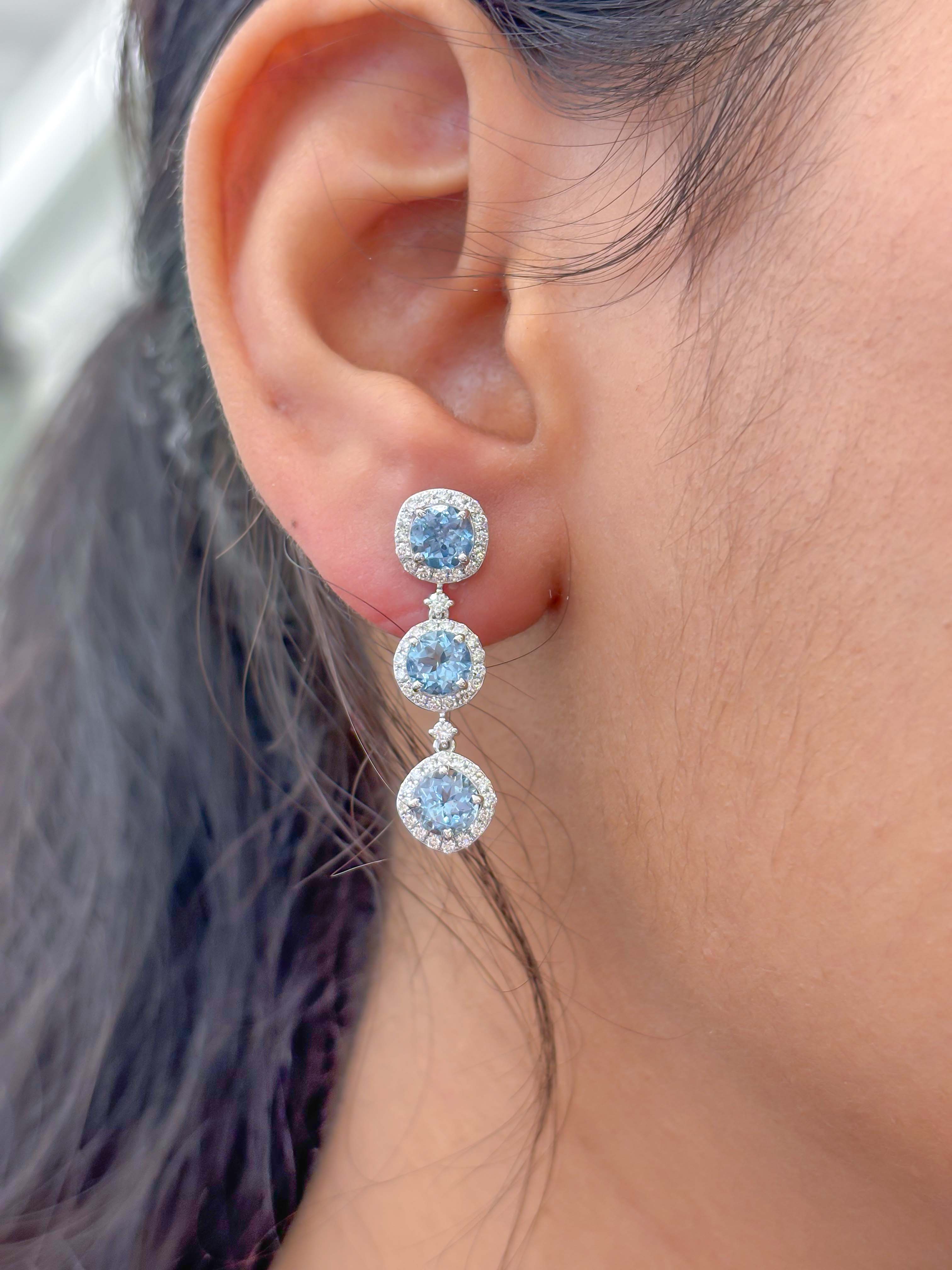 JPERG-2328/8273 Aquamarine Round With Diamond Dangling Earring | 18K