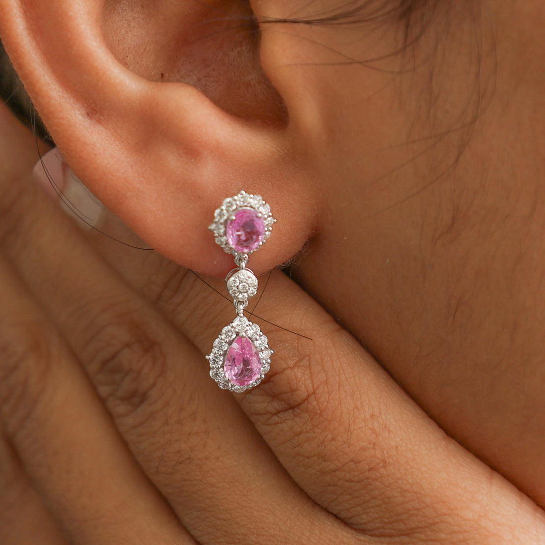 JPERG-2330/8275 Pink Sapphire Pear With Diamond Dangling Earring | 18K
