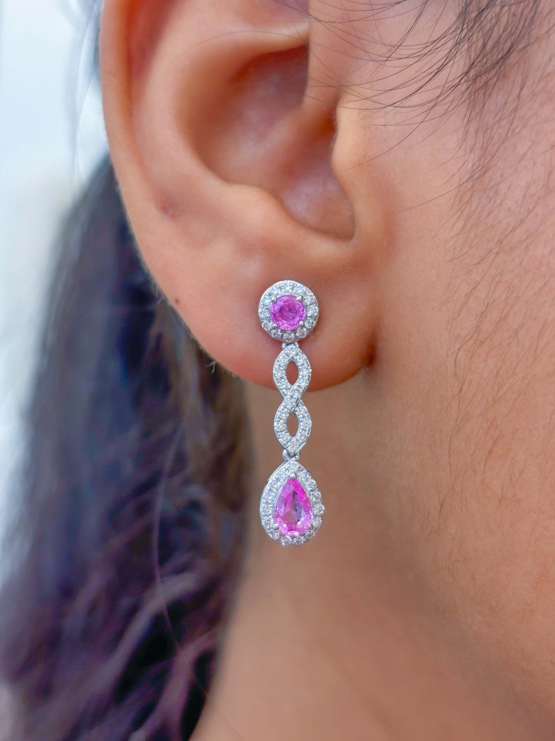JPERG-2332/8277 Pink Sapphire Pear With Diamond Dangling Earring | 18K
