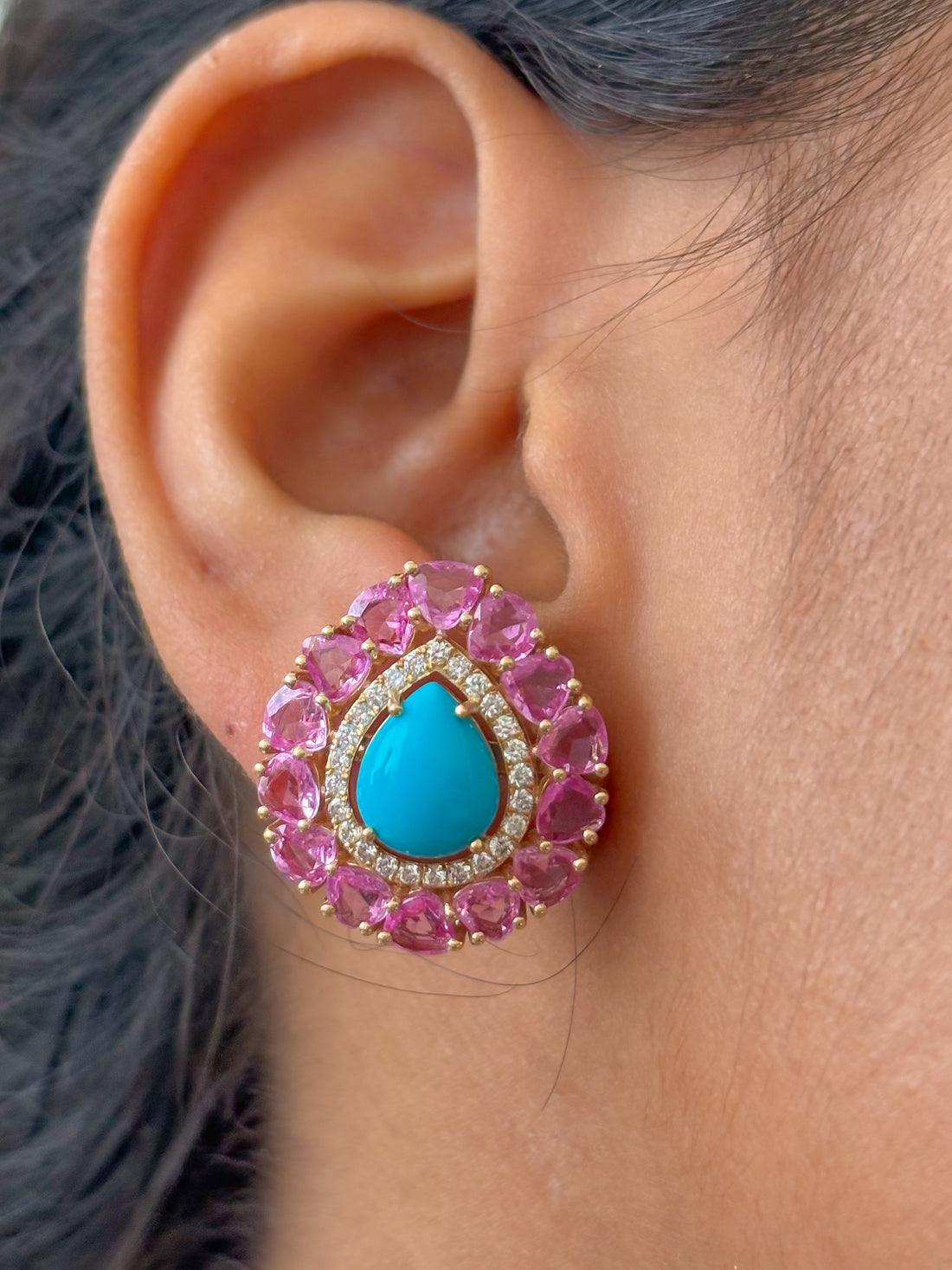 JPERG-3472/9005 Turquoise Pink Sapphire Diamond Earring | 14K