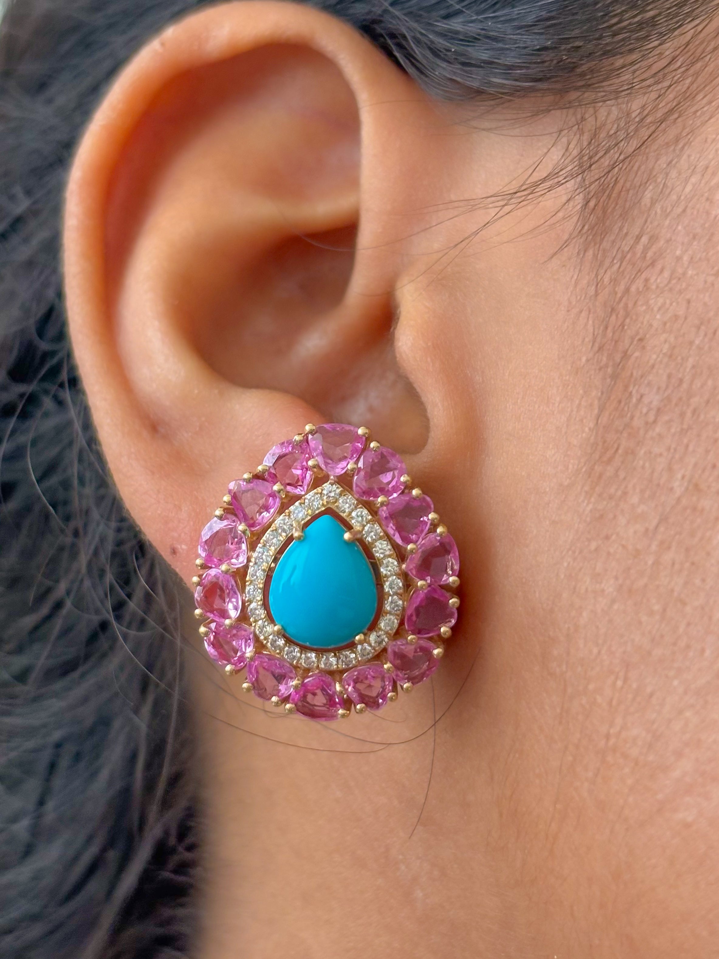 JPERG-3472/9005 Turquoise Pink Sapphire Diamond Earring | 14K