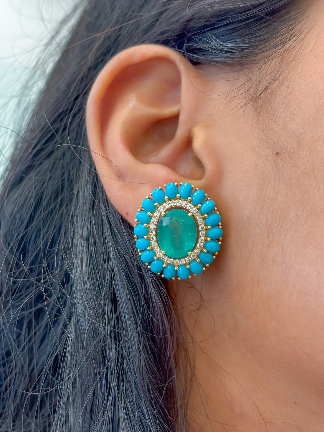 JPERG-3535/9506 Emerald Turquoise Diamond Earring | 18K