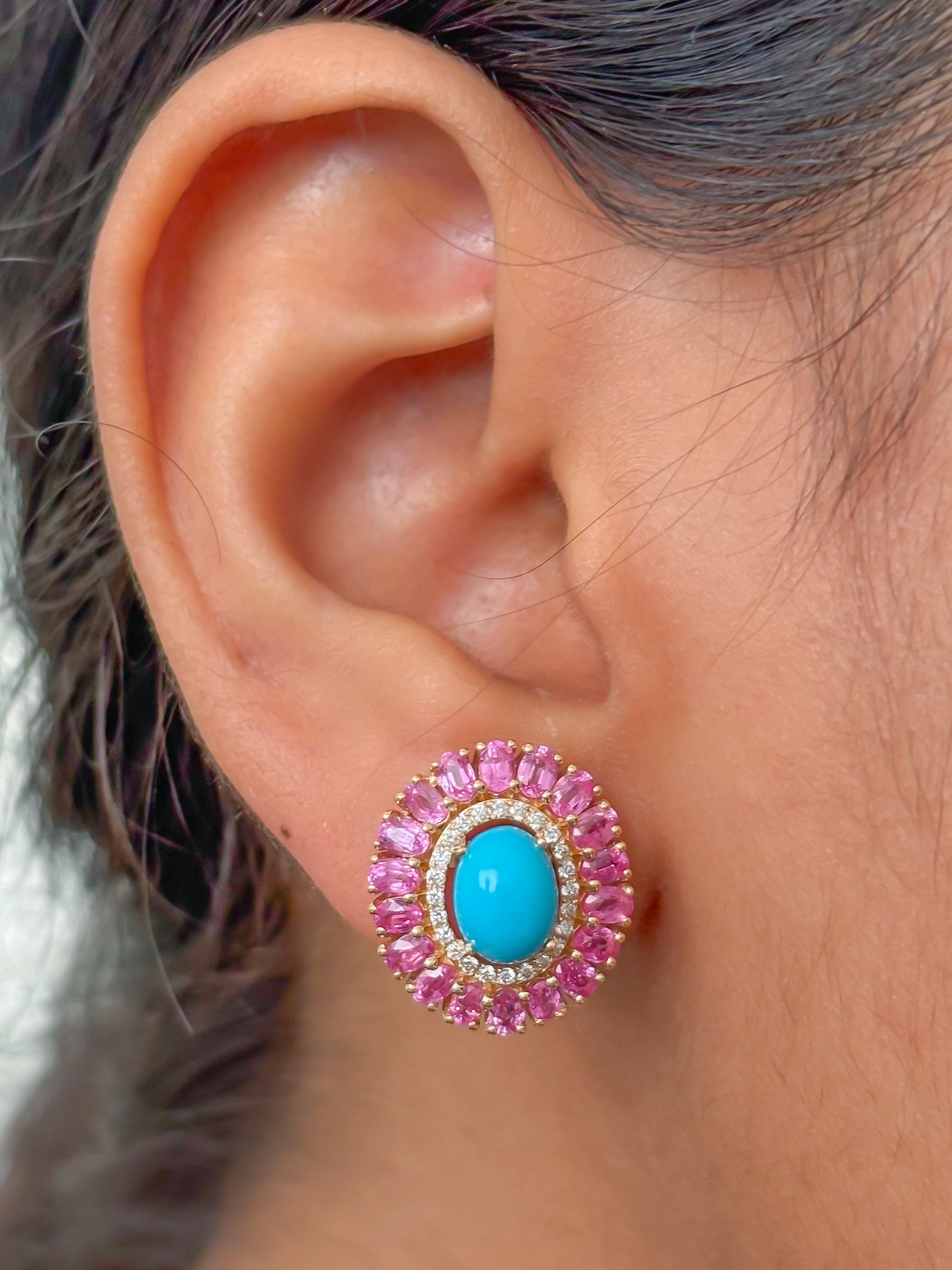 JPERG-3930/10851 Turquoise Pink Sapphire Diamond Earring | 18K