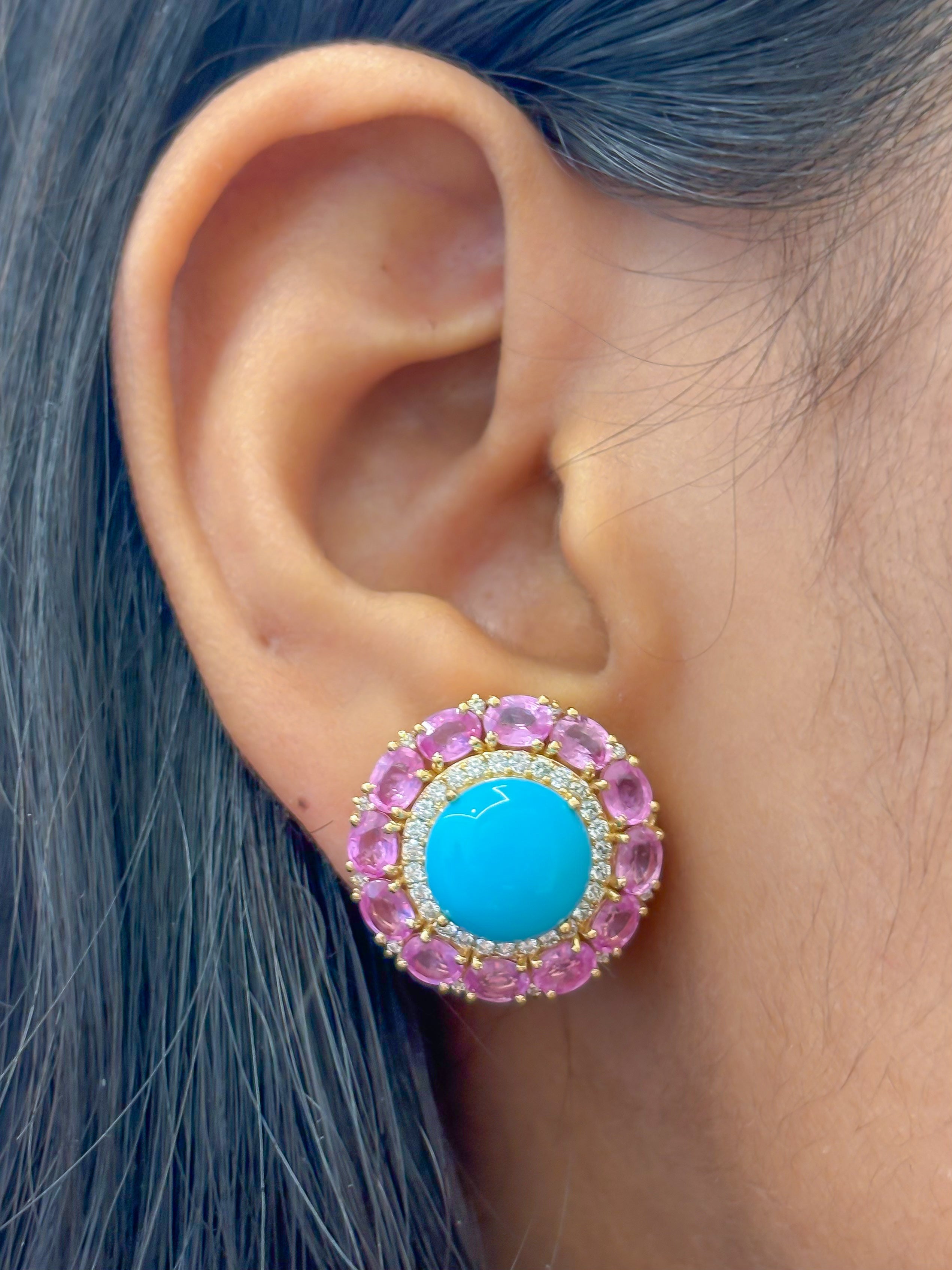 JPERG-4066/11141 Turquoise Pink Sapphire Diamond Earring | 14K
