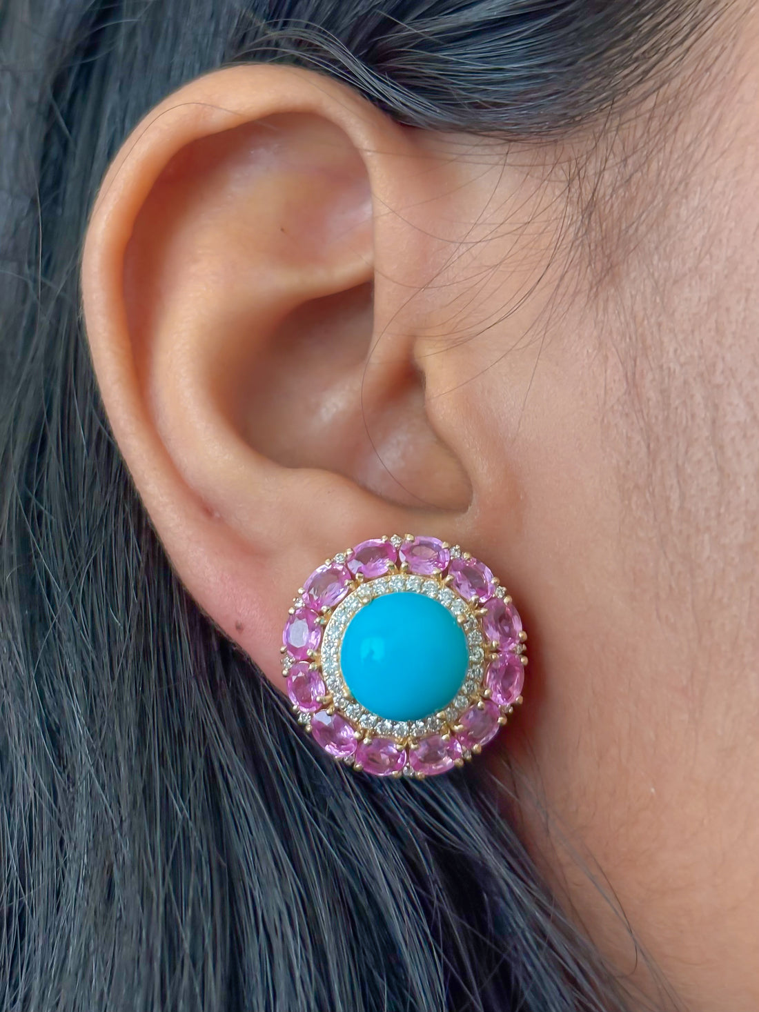 JPERG-4084/11245 Turquoise Pink Sapphire Diamond Earring | 18K