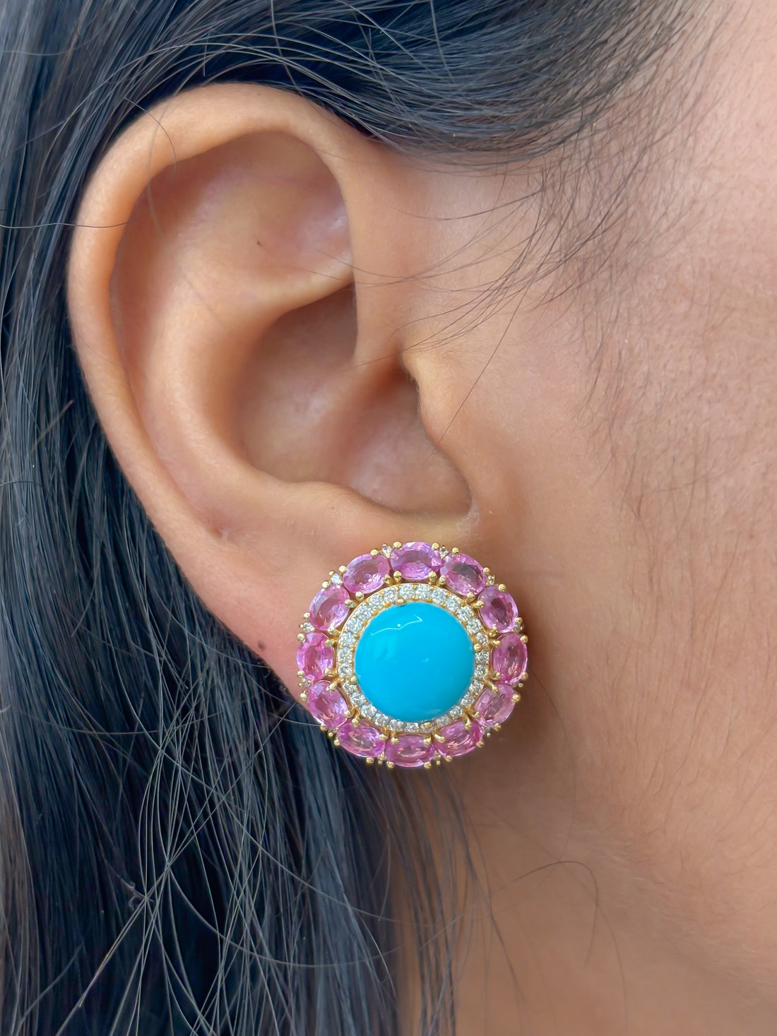JPERG-4103/11284 Pink Sapphire Turquoise Diamond Earring | 14K