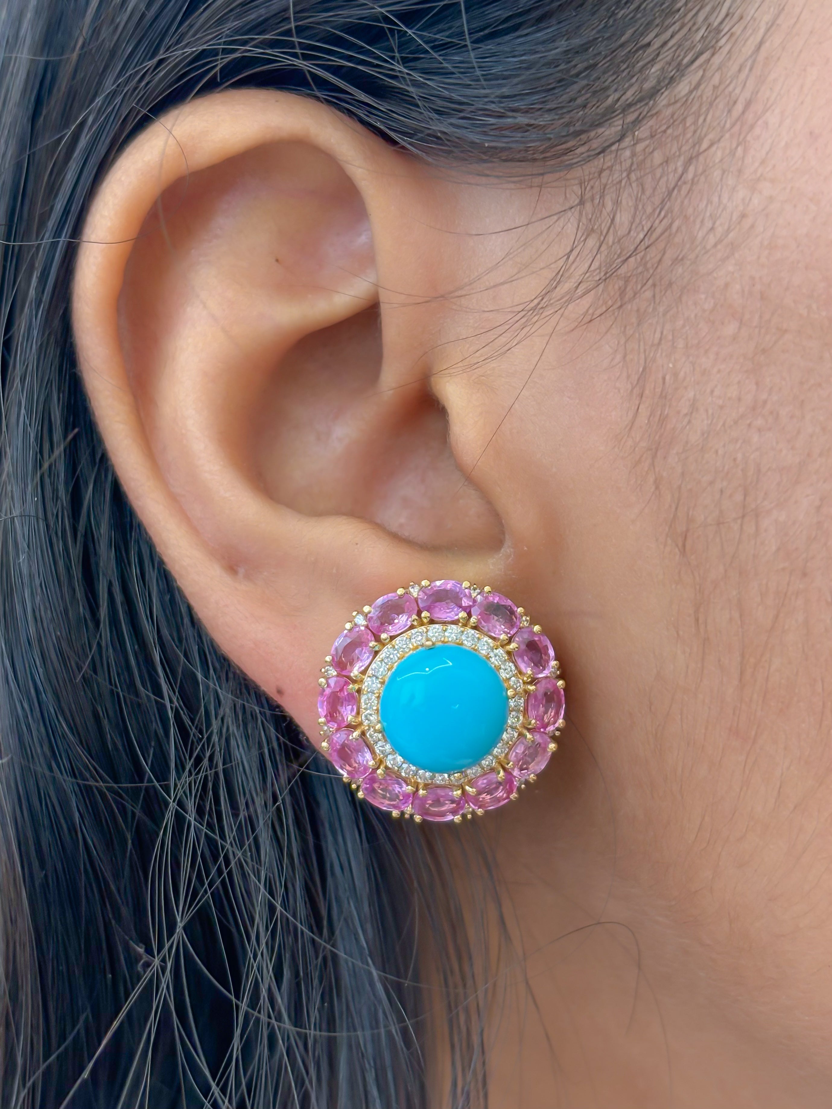 JPERG-4103/11284 Pink Sapphire Turquoise Diamond Earring | 14K