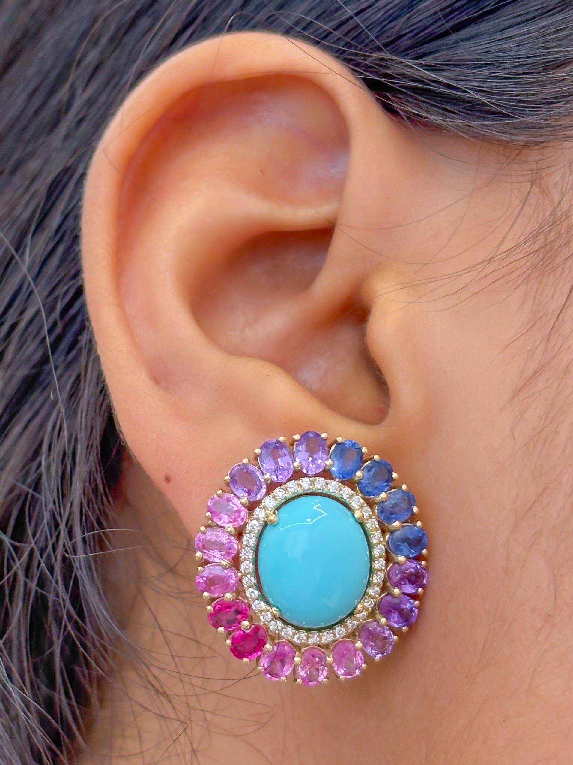 JPERG-4104/11292 Diamond Rainbow Sapphire Turquoise Earring | 14K