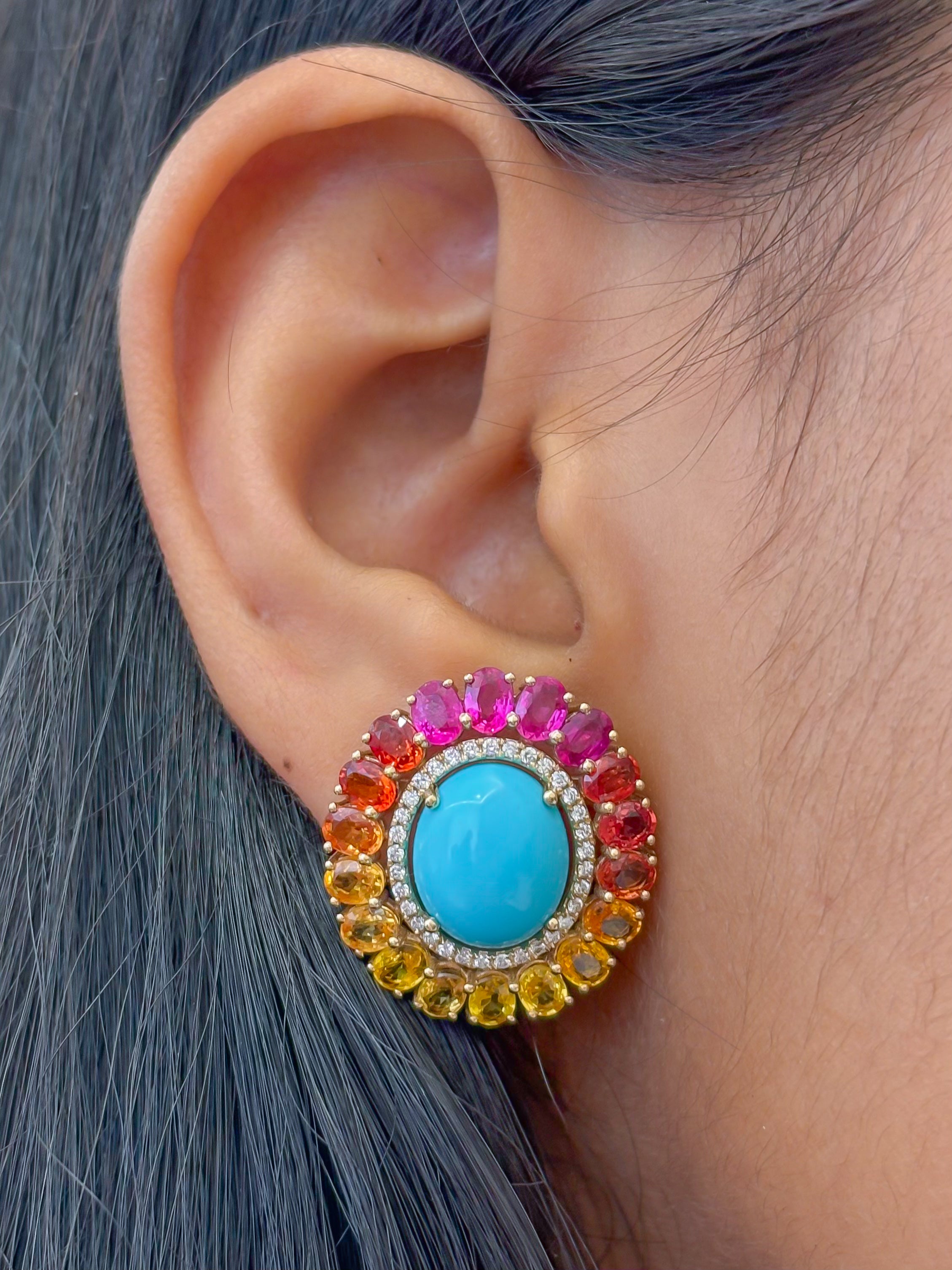 JPERG-4105/11293 Diamond Rainbow Sapphire Turquoise Earring | 14K