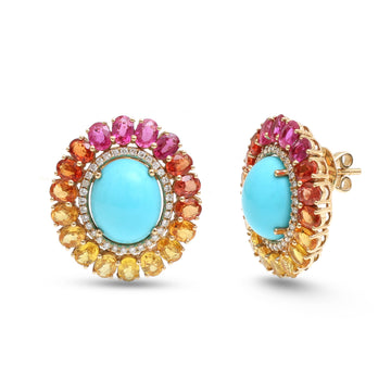 JPERG-4105/11293 Diamond Rainbow Sapphire Turquoise Earring | 14K