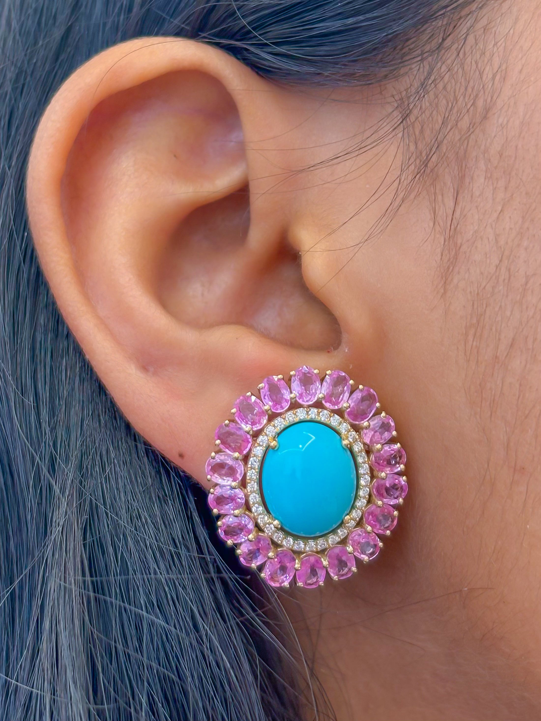 JPERG-4106/11294 Diamond Pink Sapphire Turquoise Earring | 14K