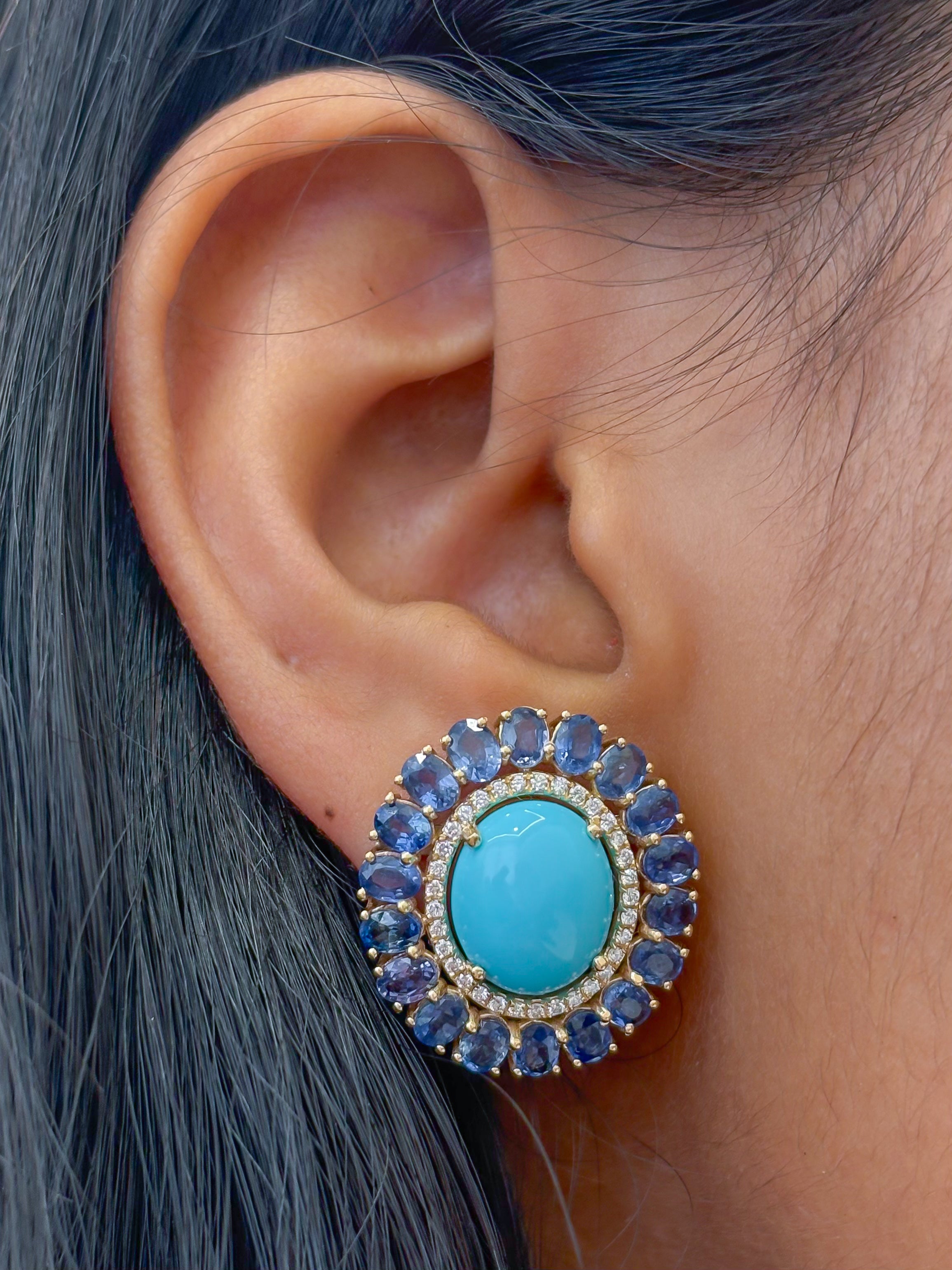 JPERG-4107/11295 Diamond Blue Sapphire Turquoise Earring | 14K