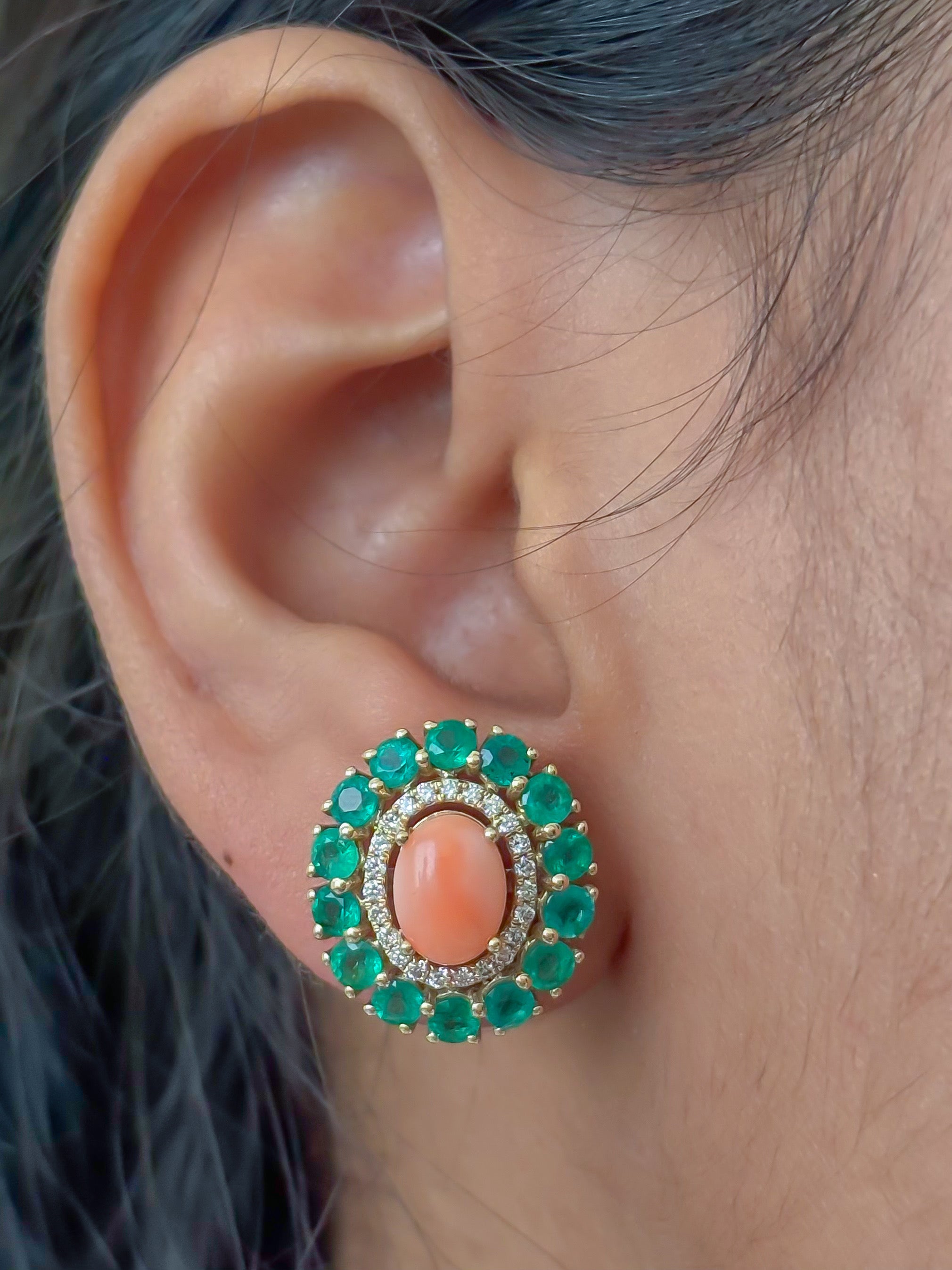 JPERG-4129/11405 Diamond Emerald Coral Earring | 14K