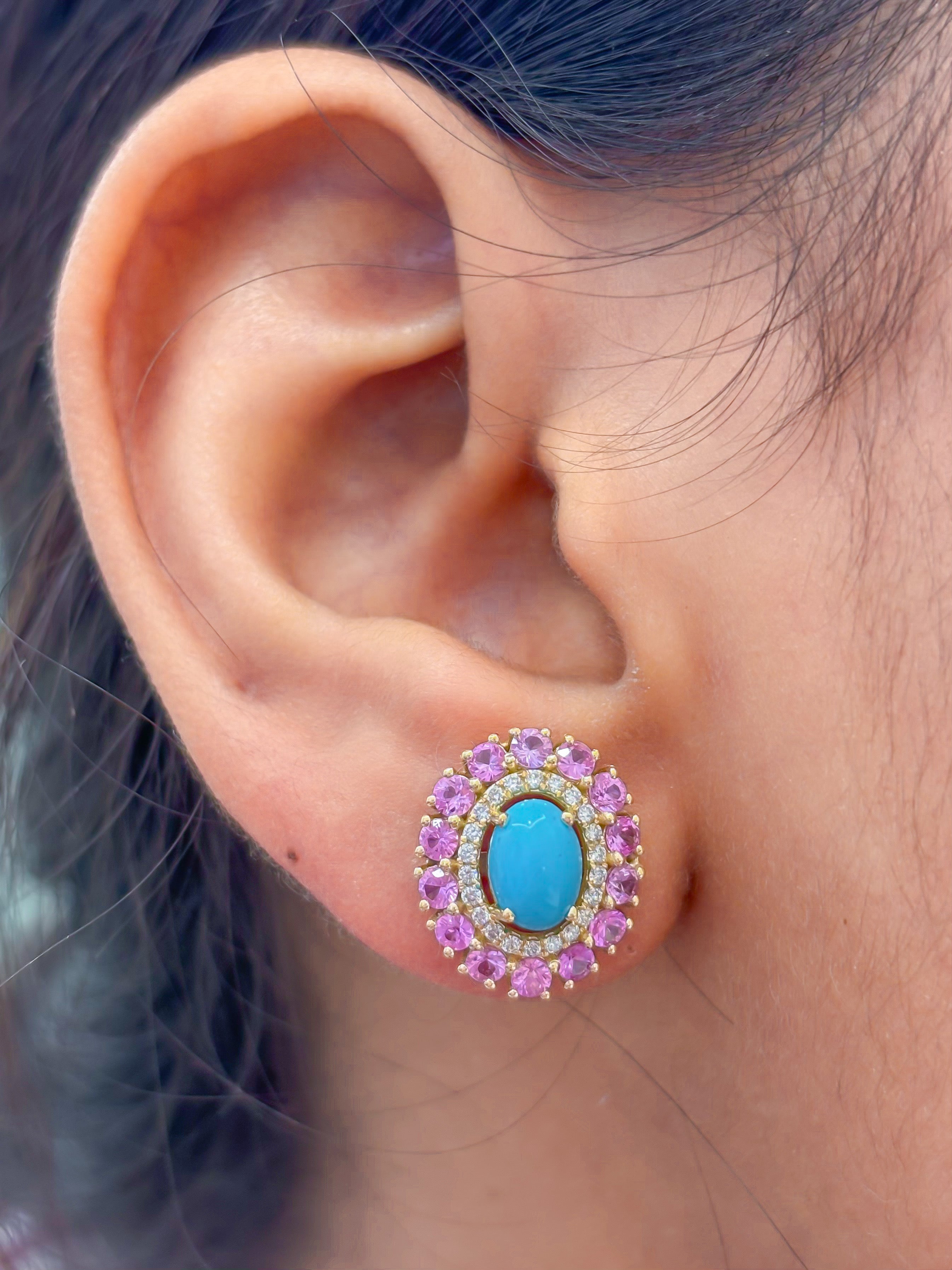 JPERG-4147/11463 Diamond Pink Sapphire Turquoise Earring | 14K