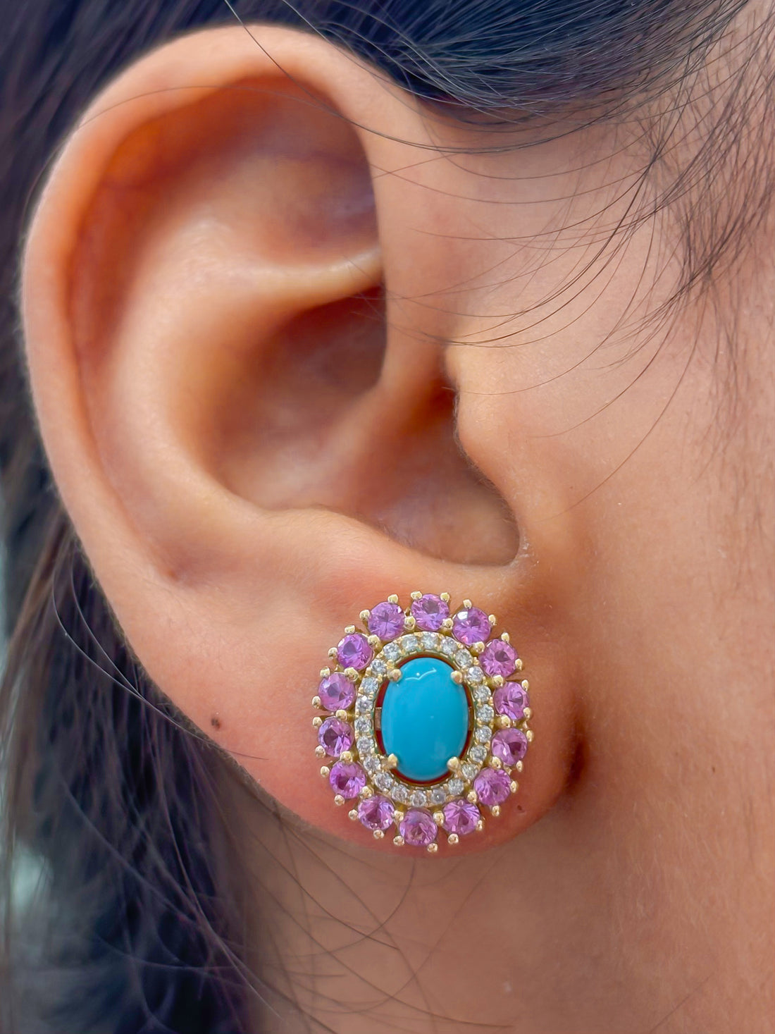 JPERG-4149/11465 Diamond Pink Sapphire Turquoise Earring | 14K