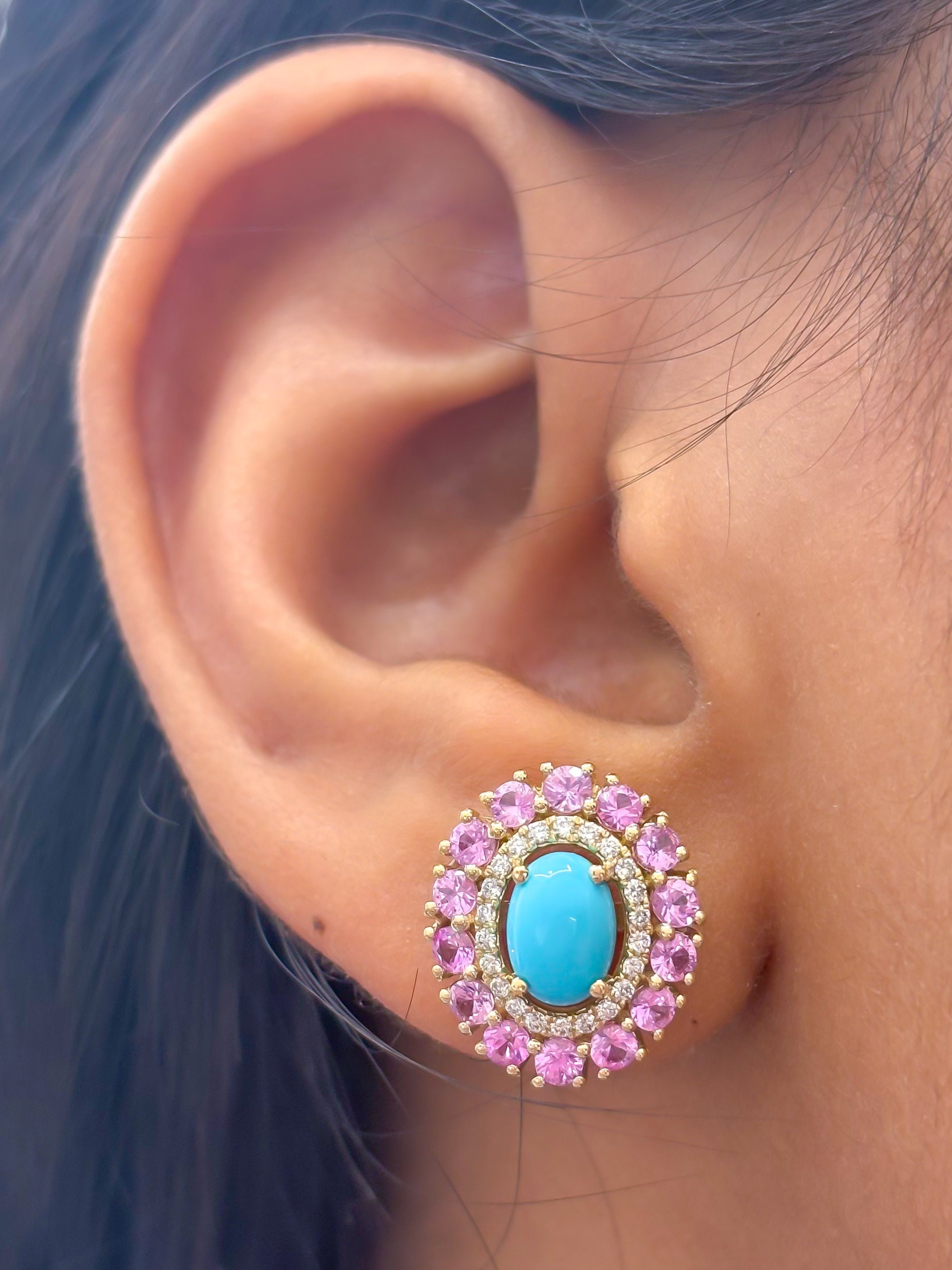JPERG-4167/11550 Diamond Pink Sapphire Turquoise Earring | 14K