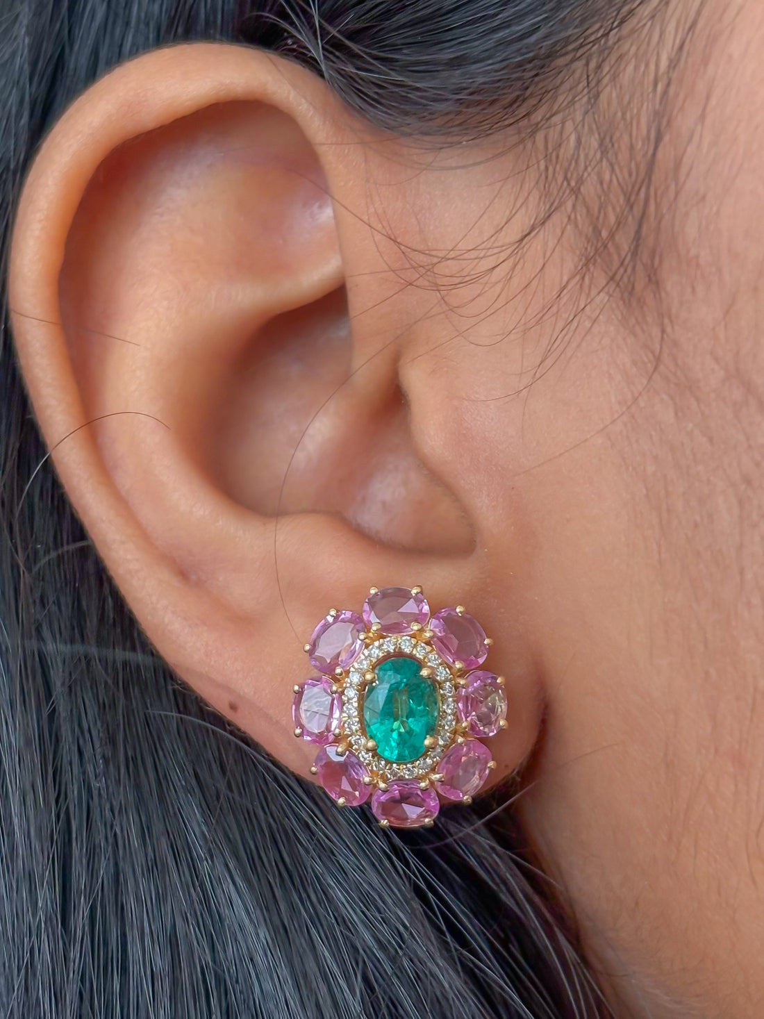 JPERG-4170/11567 Emerald Pink Sapphire Diamond Earring | 18K