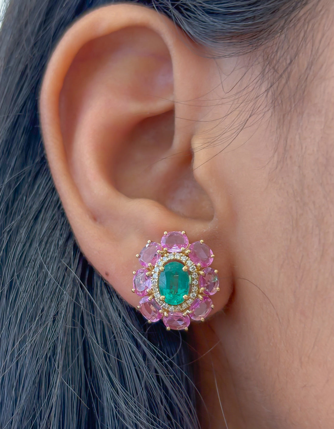 JPERG-4187/11599 Emerald Pink Sapphire Diamond Earring | 18K