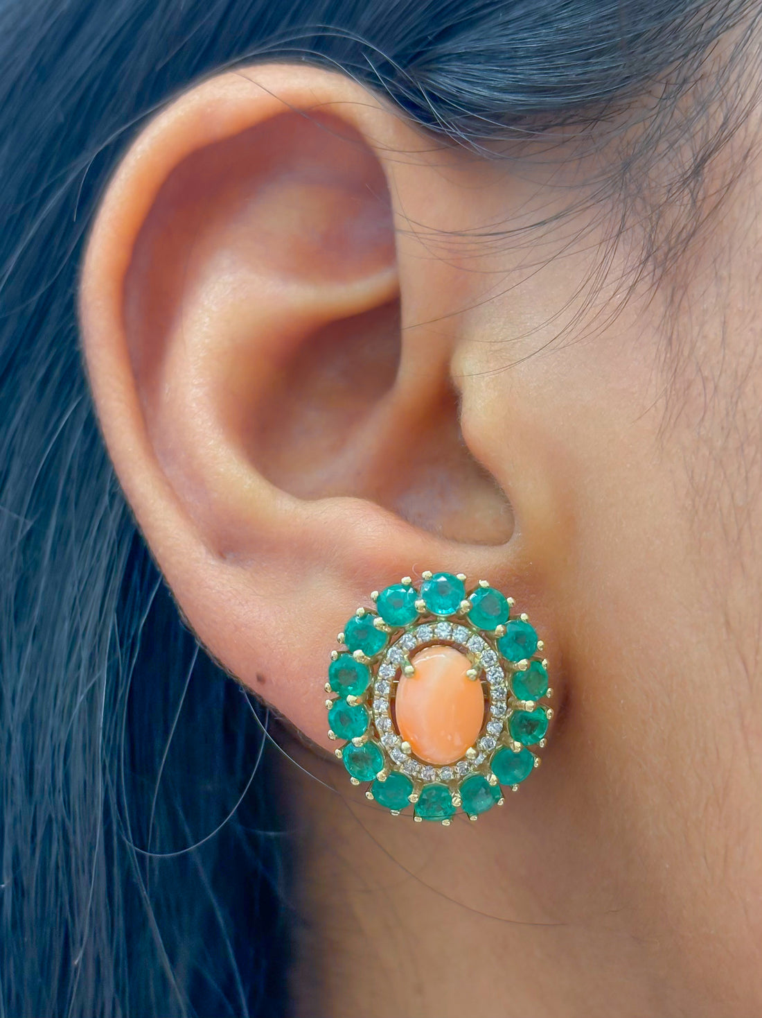 JPERG-4248/11815 Diamond Emerald Coral Earring | 14K