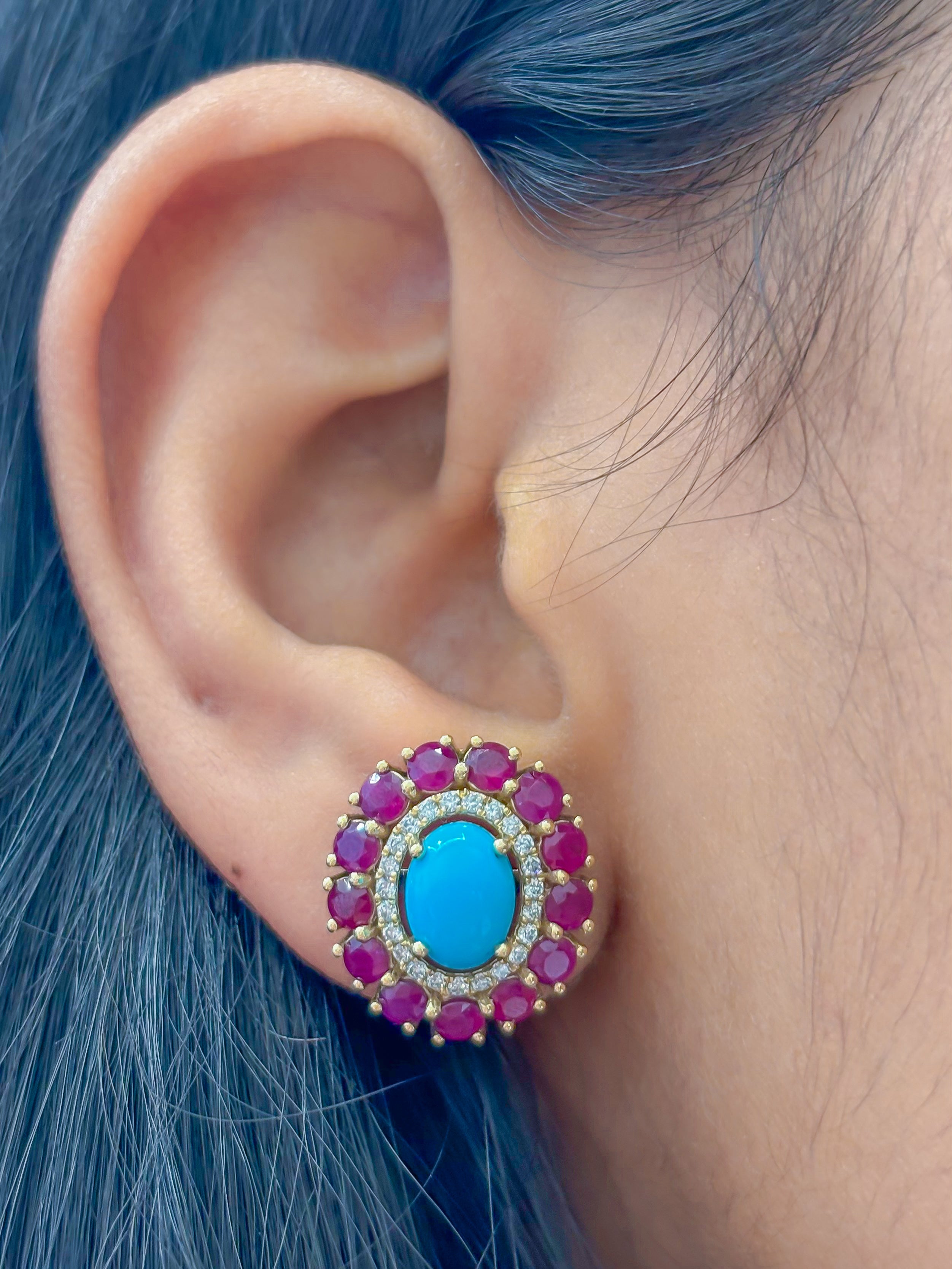 JPERG-4249/11816 Diamond Ruby Turquoise Earring | 14K