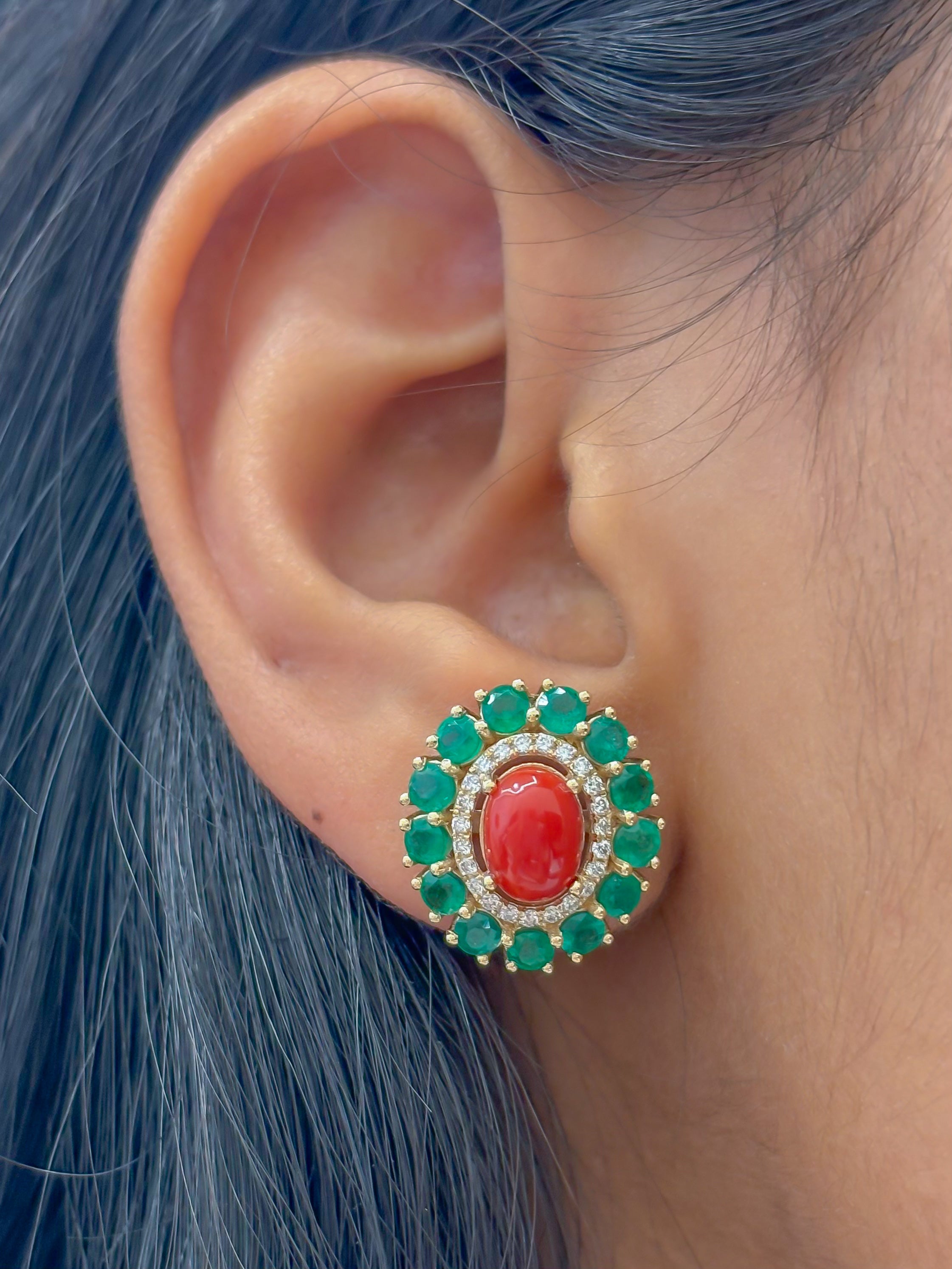 JPERG-4250/11817 Diamond Emerald Coral Earring | 14K