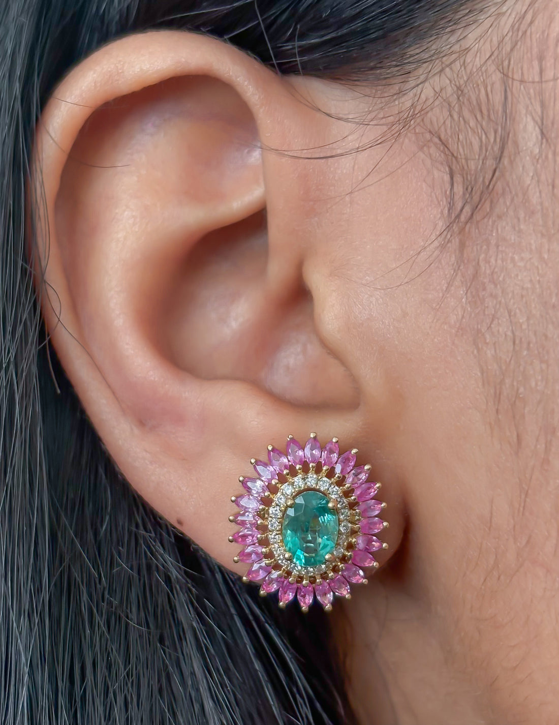 JPERG-4254/11846 Emerald Pink Sapphire Diamond Earring | 18K