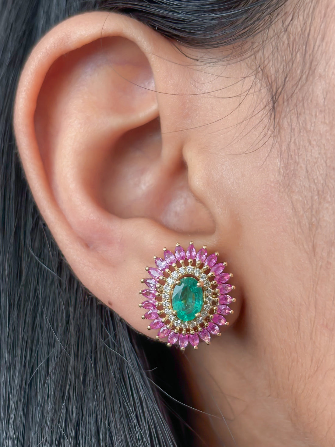 JPERG-4255/11847 Emerald Pink Sapphire Diamond Earring | 18K