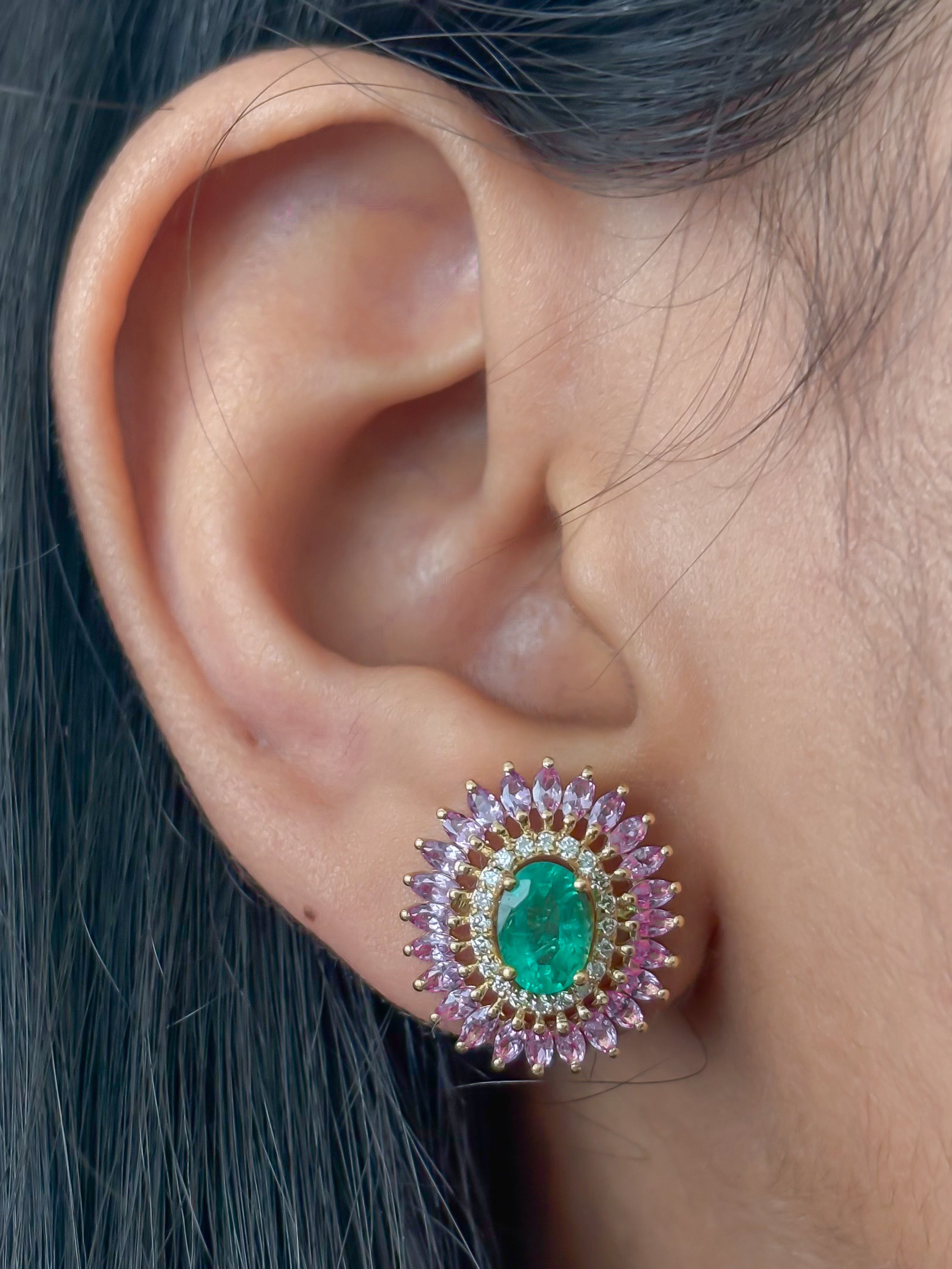 JPERG-4258/11850 Emerald Pink Sapphire Diamond Earring | 18K