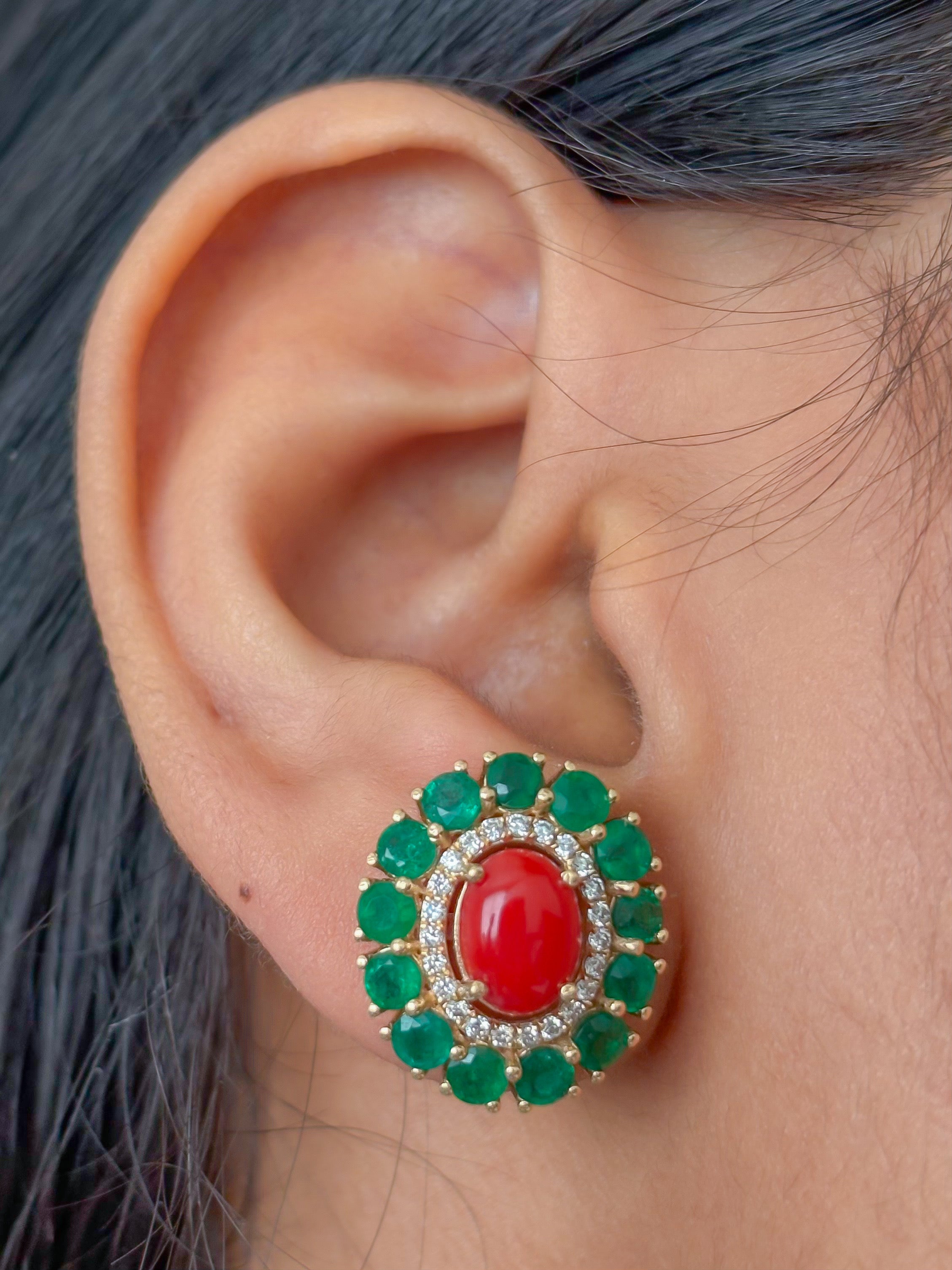 JPERG-4286/11909 Diamond Emerald Coral Earring | 14K