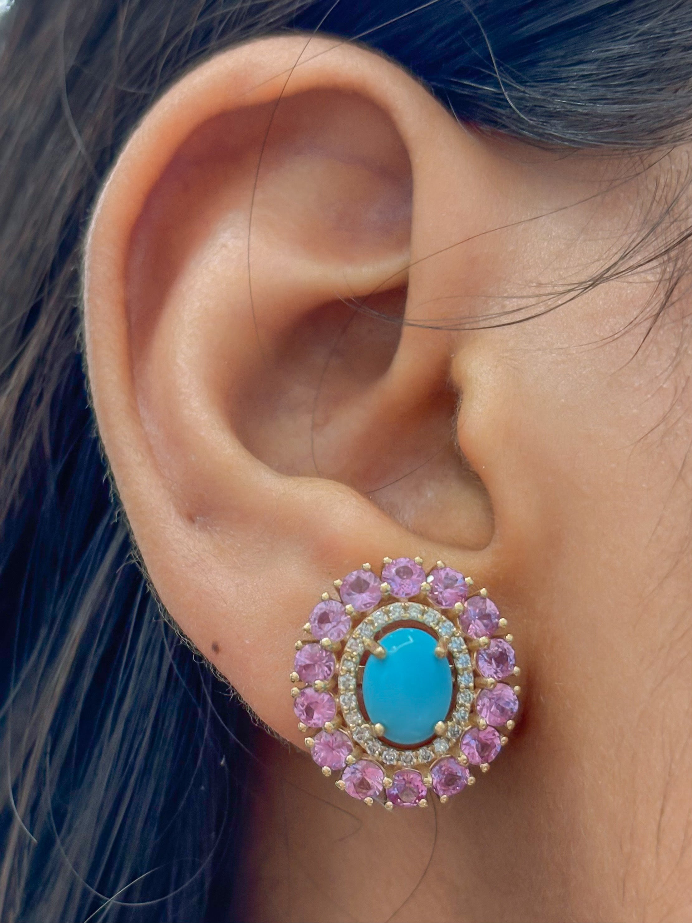 JPERG-4343/12065 Diamond Pink Sapphire Turquoise Earring | 14K