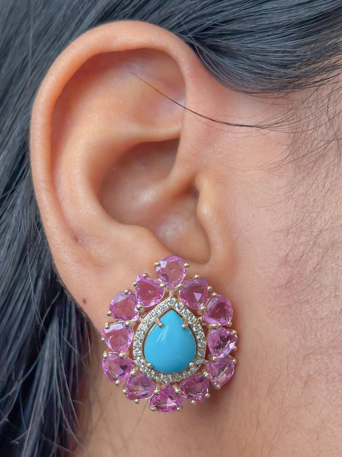 JPERG-4345/12071 Turquoise Pink Sapphire Diamond Earring | 14K