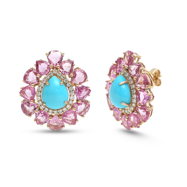JPERG-4345/12071 Turquoise Pink Sapphire Diamond Earring | 14K