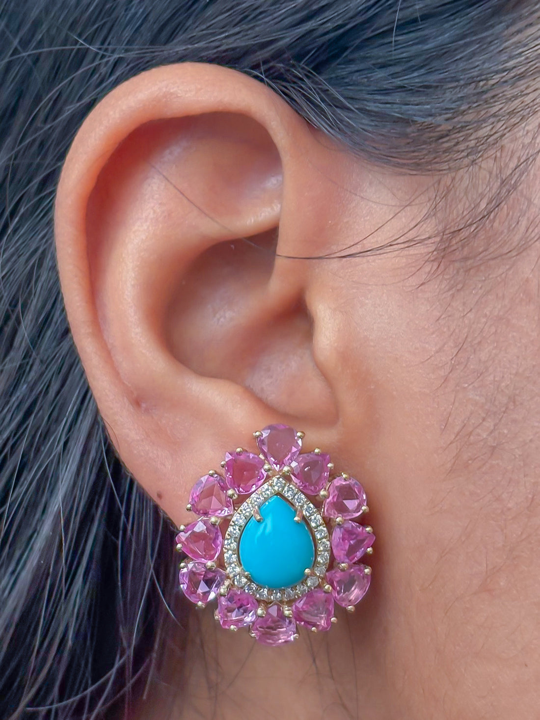 JPERG-4346/12072 Turquoise Pink Sapphire Diamond Earring | 14K