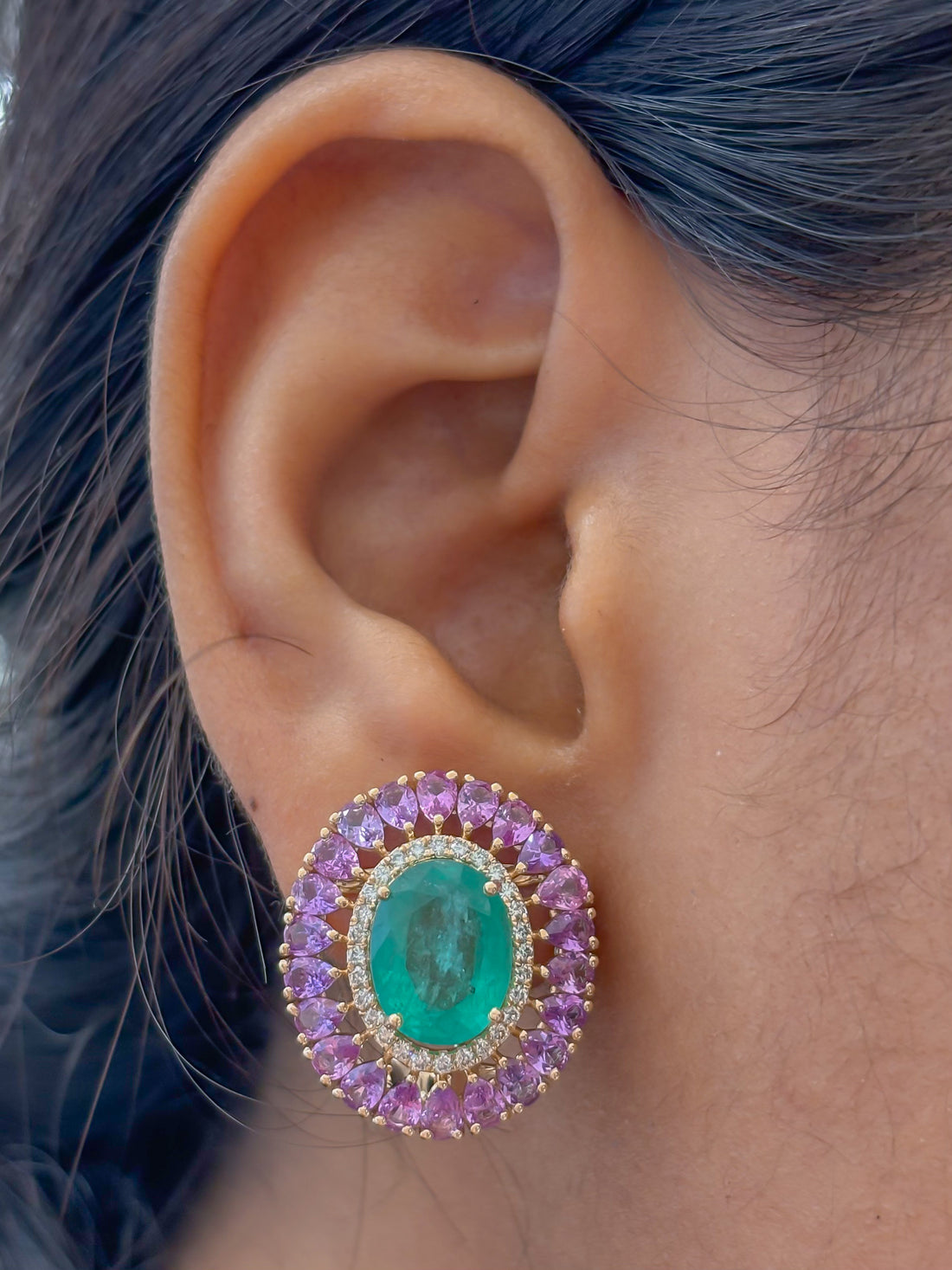 JPERG-4359/12186 Emerald Pink Sapphire Diamond Earring | 14K