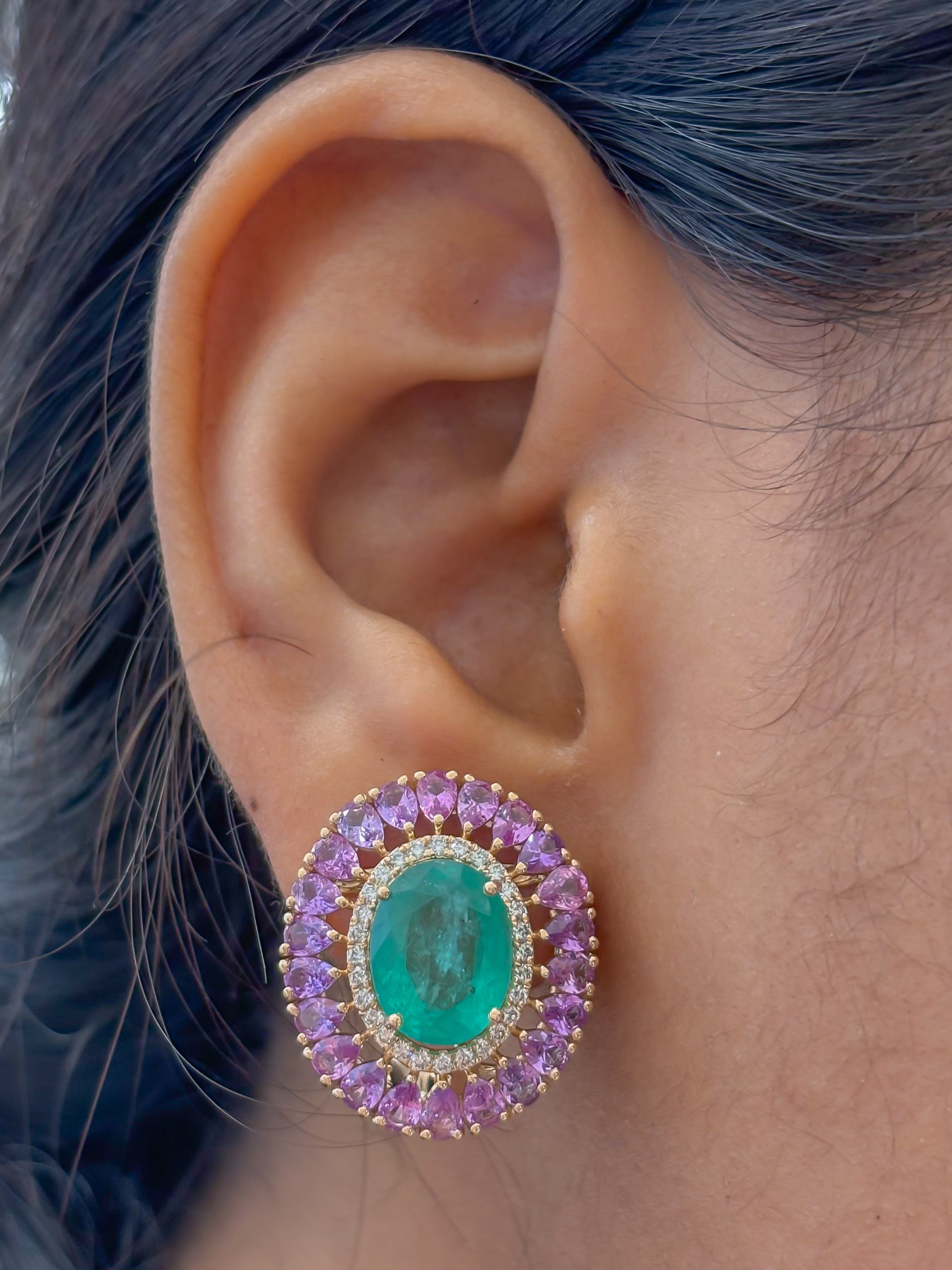 JPERG-4359/12186 Emerald Pink Sapphire Diamond Earring | 14K